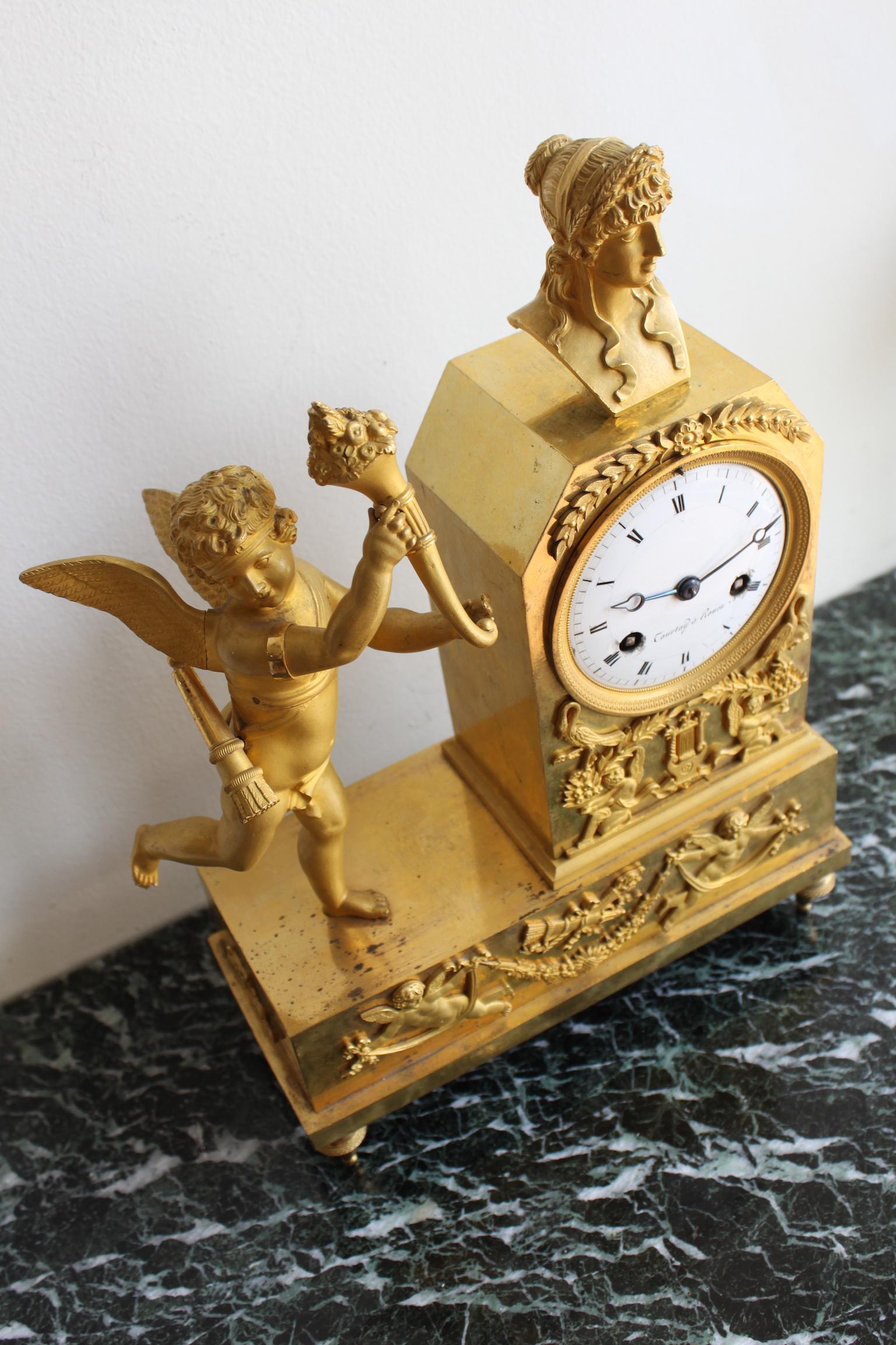 French Empire Gilt Bronze Clock with Cherub For Sale 7