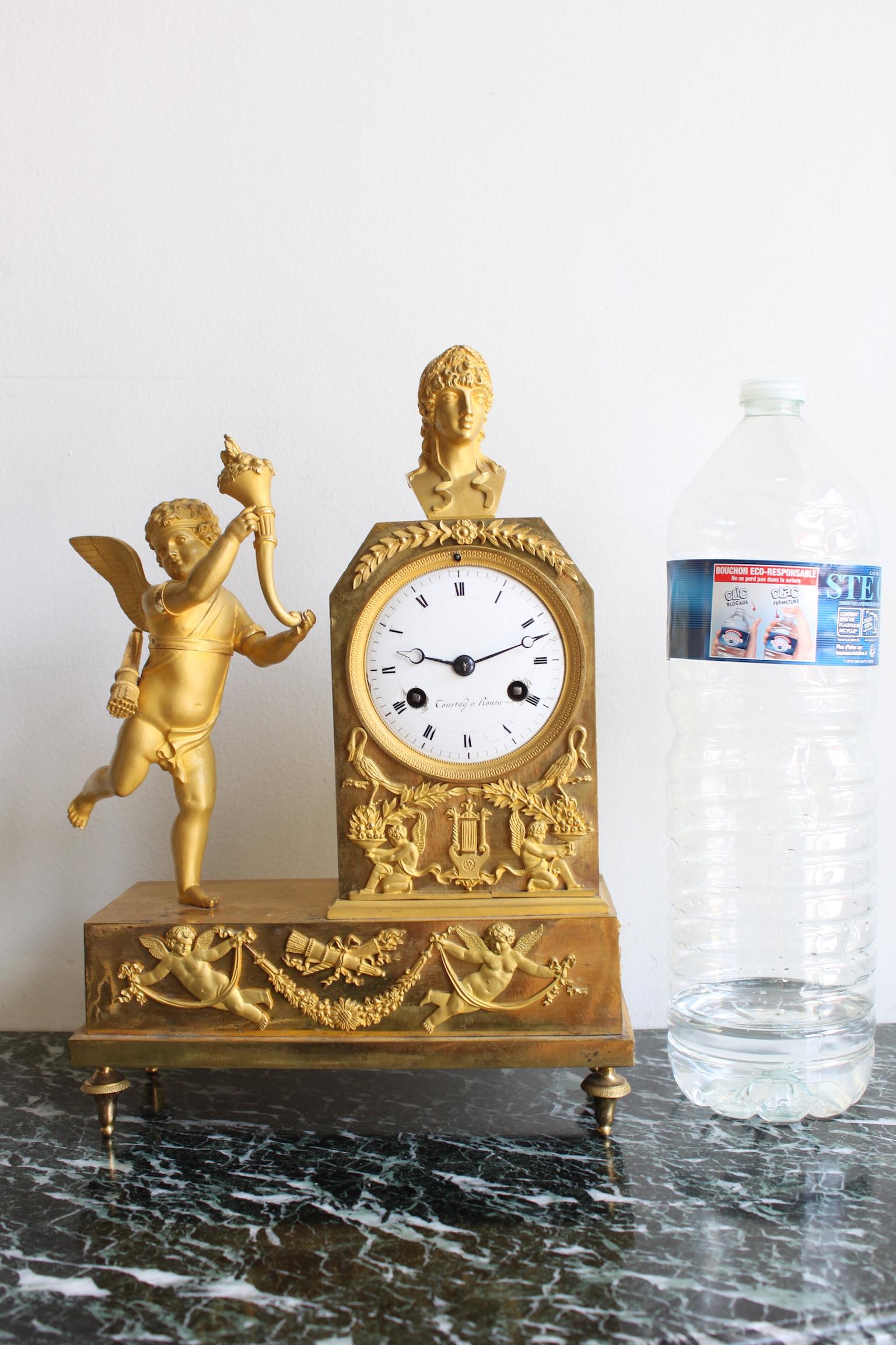 French Empire Gilt Bronze Clock with Cherub For Sale 8