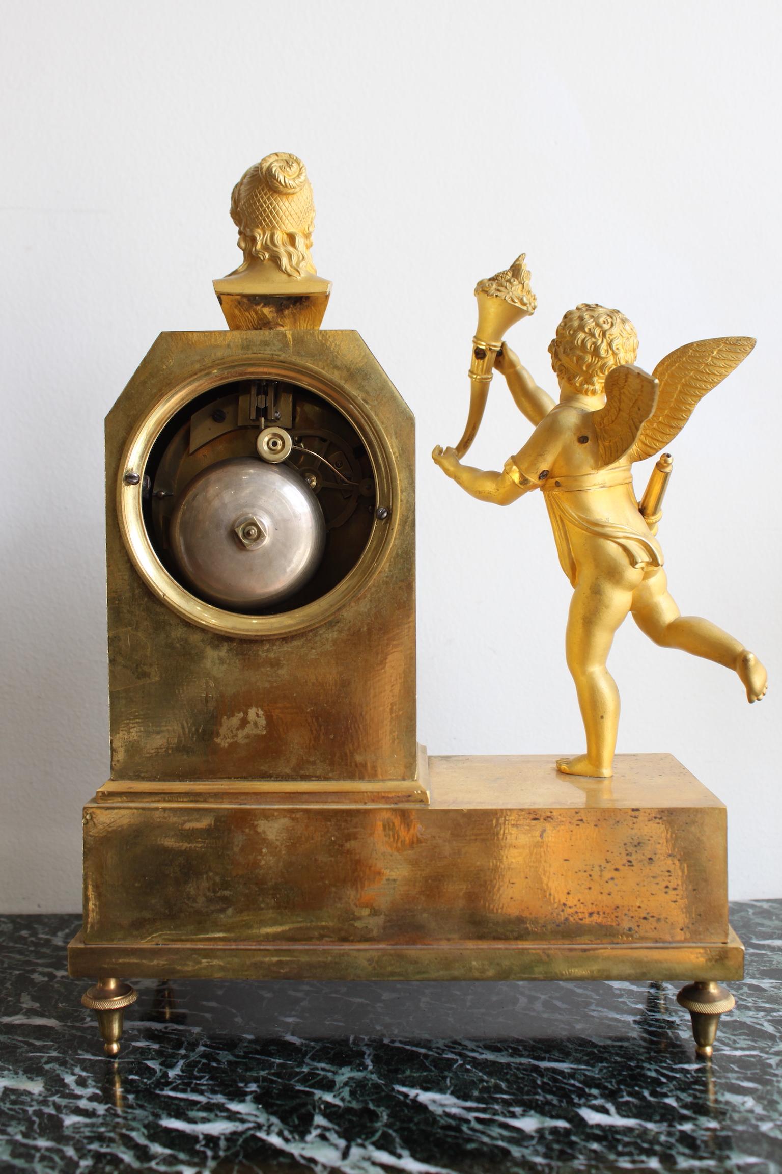 19th Century French Empire Gilt Bronze Clock with Cherub For Sale