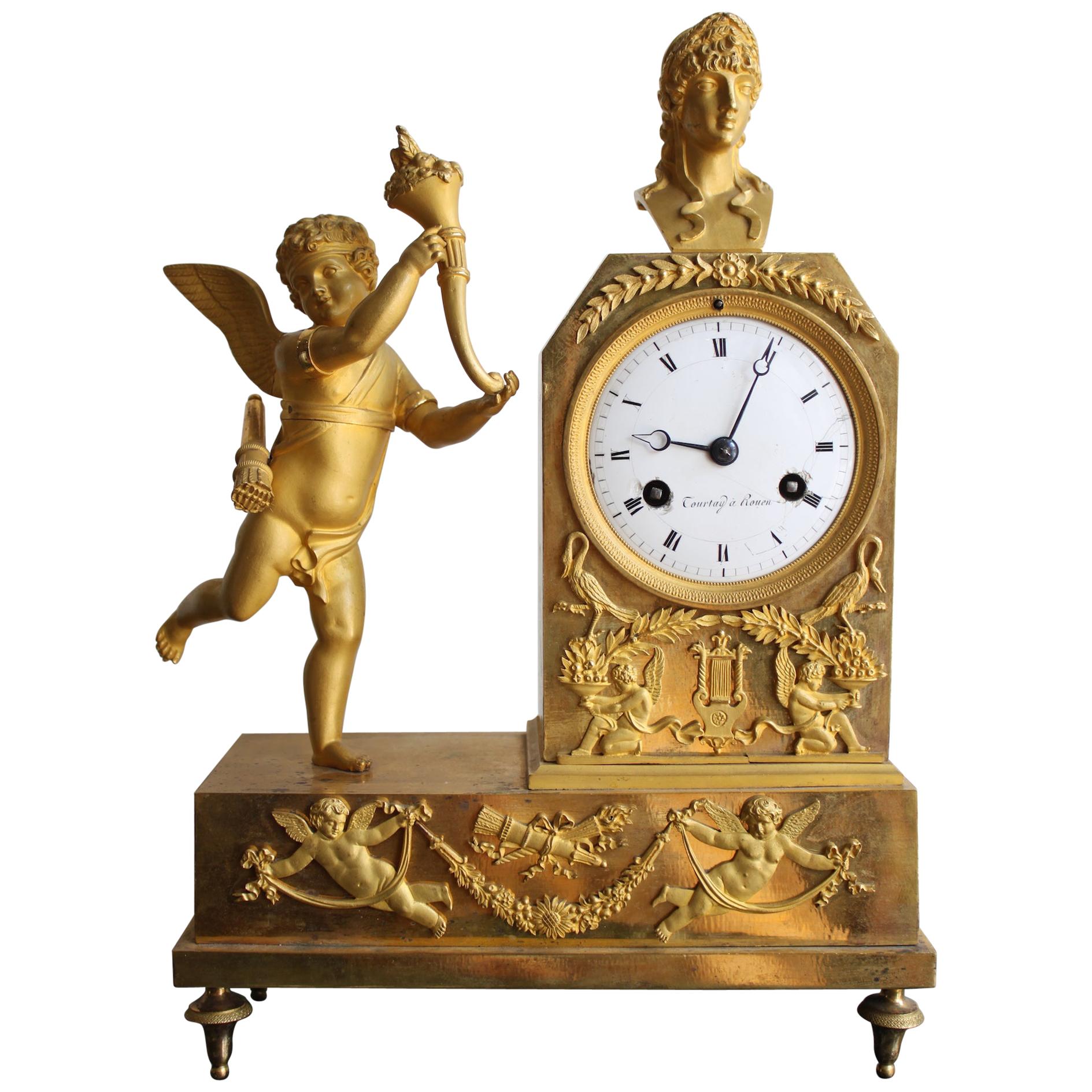 French Empire Gilt Bronze Clock with Cherub For Sale