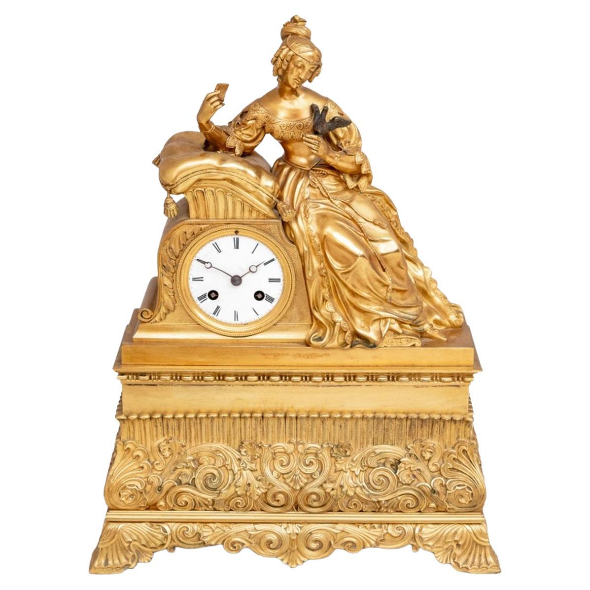 French Empire Gilt Bronze Figural Clock, ca. 1840 For Sale