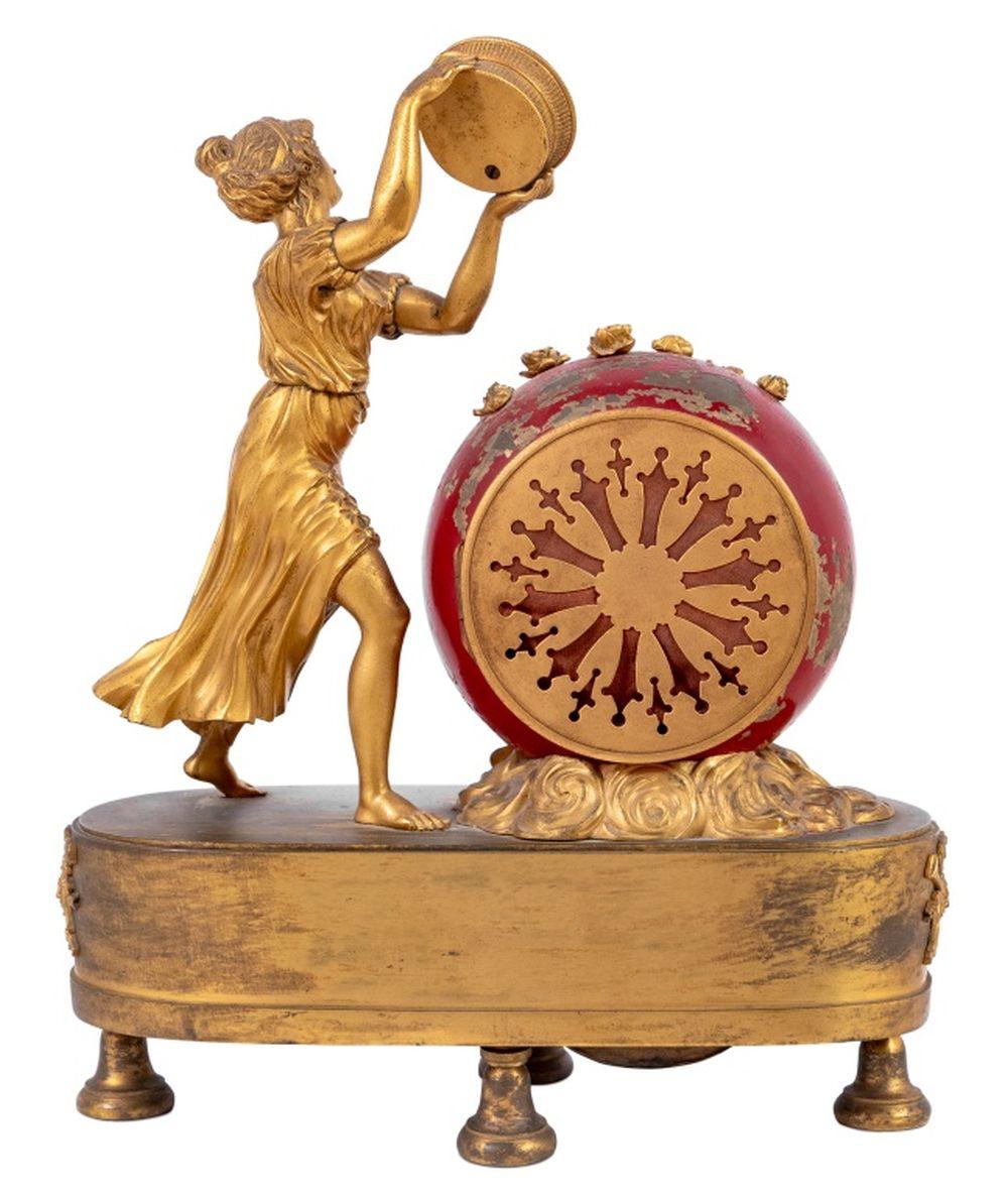 Mid-19th Century French Empire Gilt Bronze Figural Clock For Sale