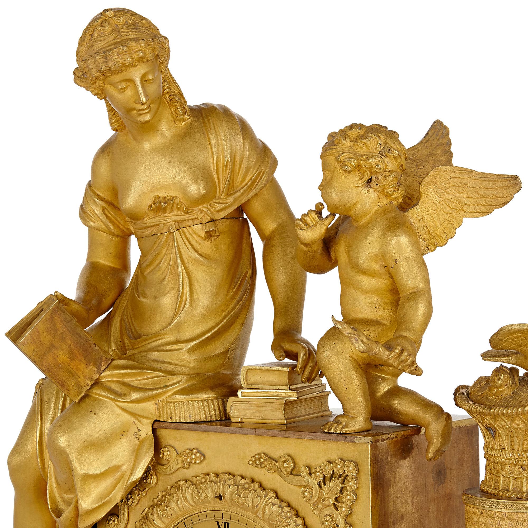 Vergoldete Bronze-Kaminuhr aus dem französischen Empire mit Venus und Amor im Zustand „Gut“ im Angebot in London, GB