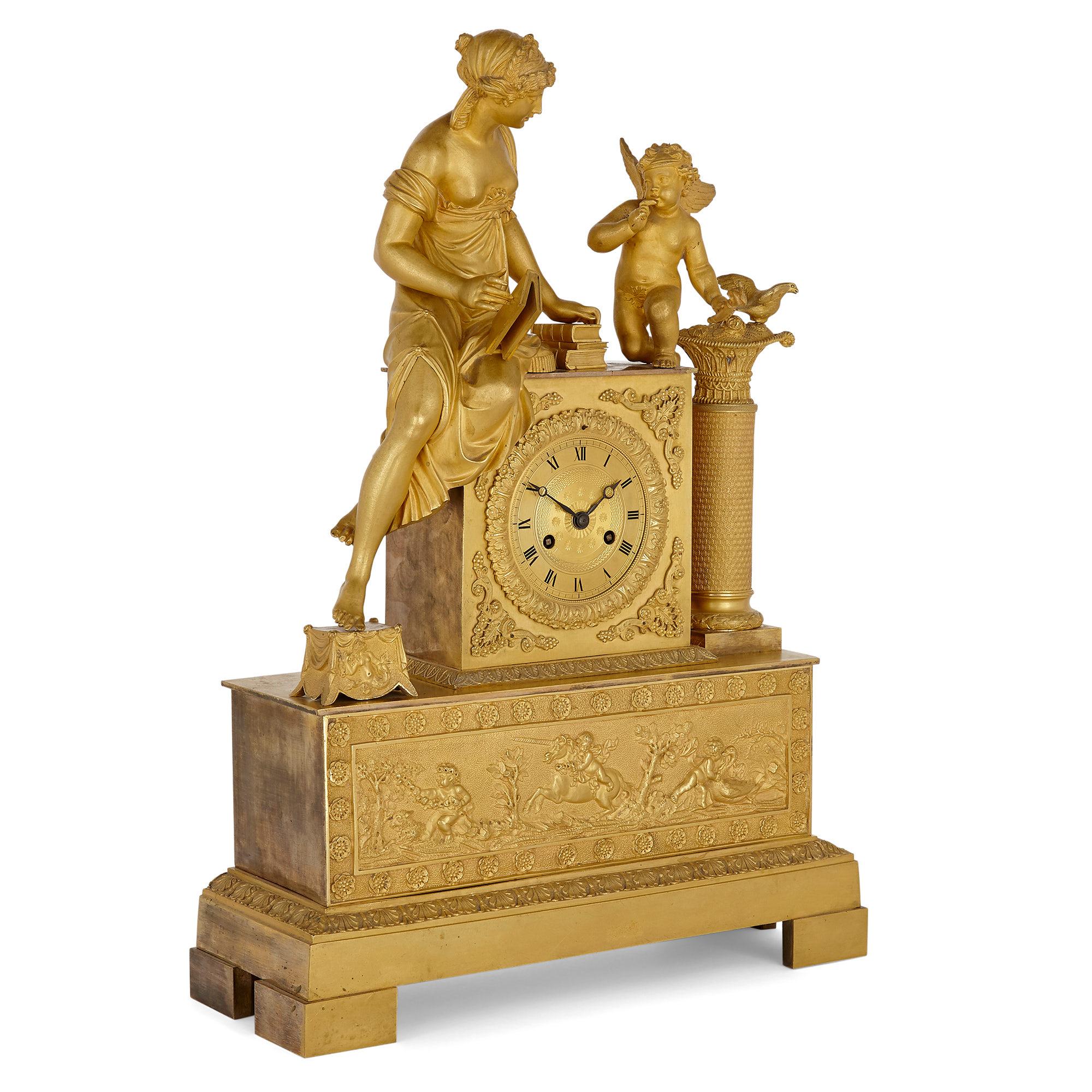 19th Century French Empire Gilt Bronze Mantel Clock with Venus and Cupid For Sale