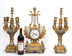 French Empire Gilt Bronze & Marble Garniture Set w/ Pair of Candelabras & Clock