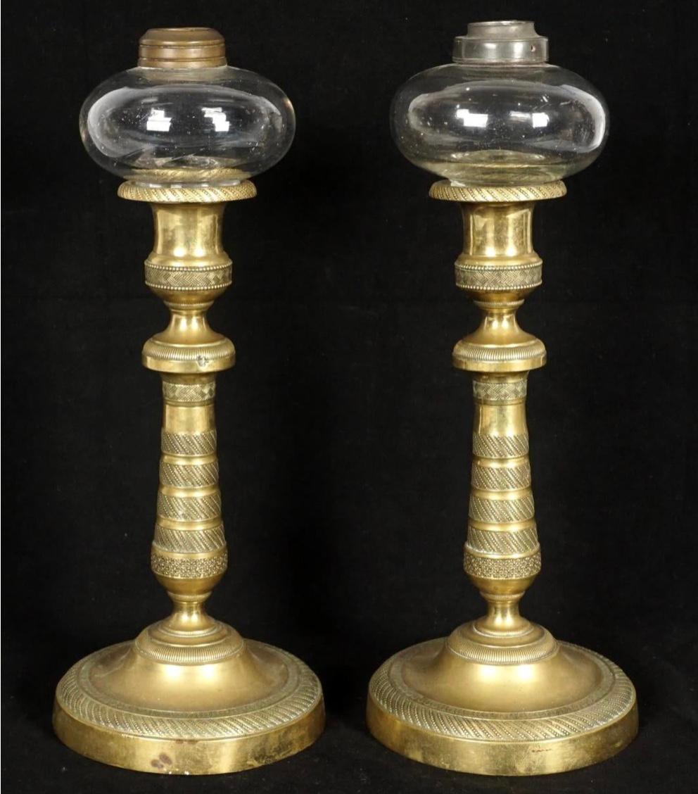 French Empire Gilt Bronze Oil Lamp Candle Sticks, a Pair For Sale 3
