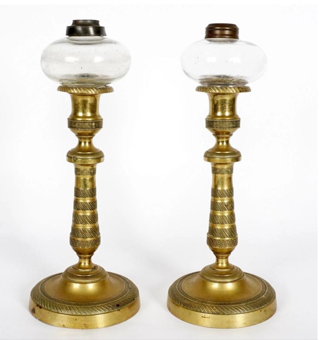 French Empire Gilt Bronze Oil Lamp Candle Sticks, a Pair For Sale 4
