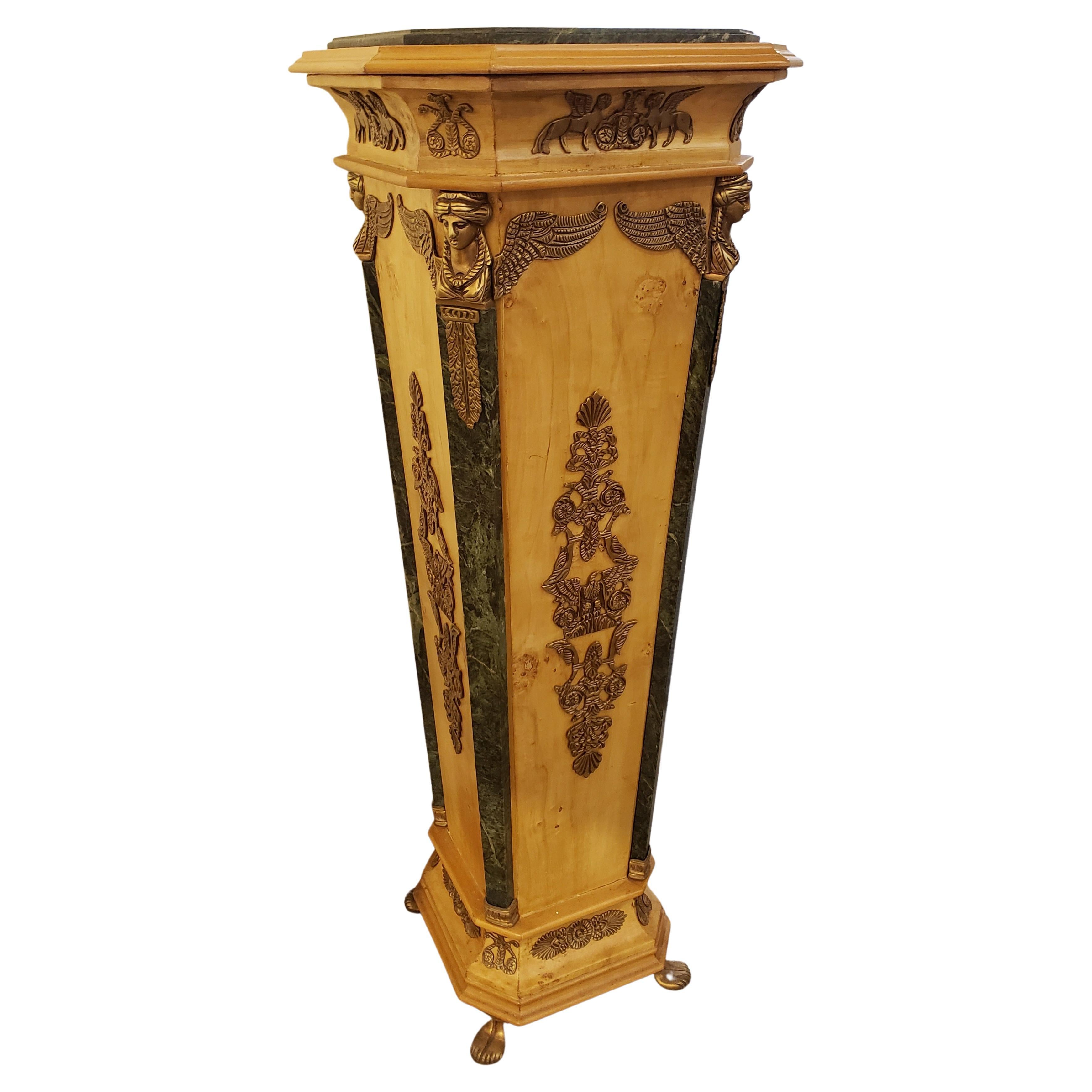 Metalwork French Empire Gilt Bronze Ormolu Mottled Marble & Satinwood Pedestals, a Pair For Sale