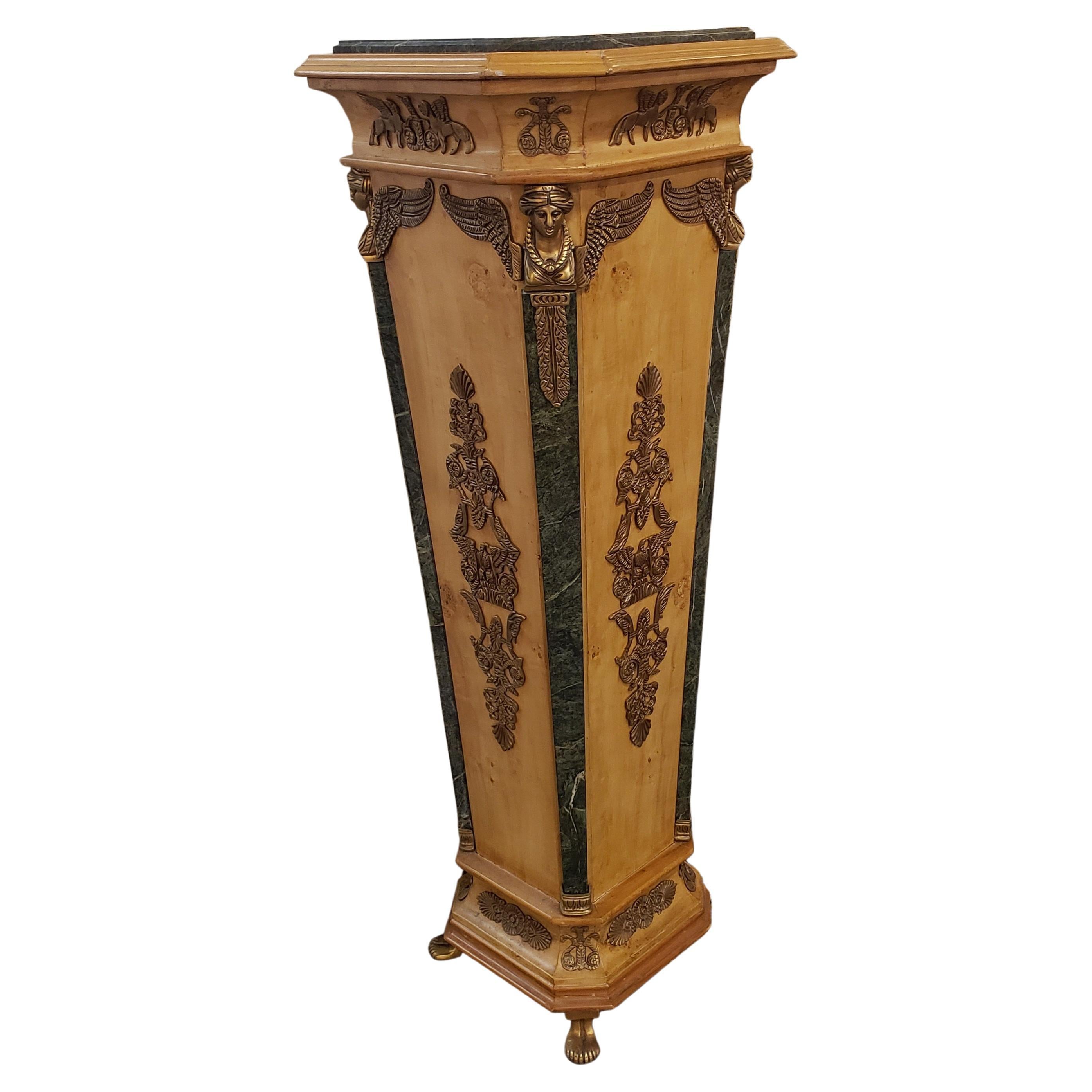 French Empire Gilt Bronze Ormolu Mottled Marble & Satinwood Pedestals, a Pair In Good Condition For Sale In Germantown, MD