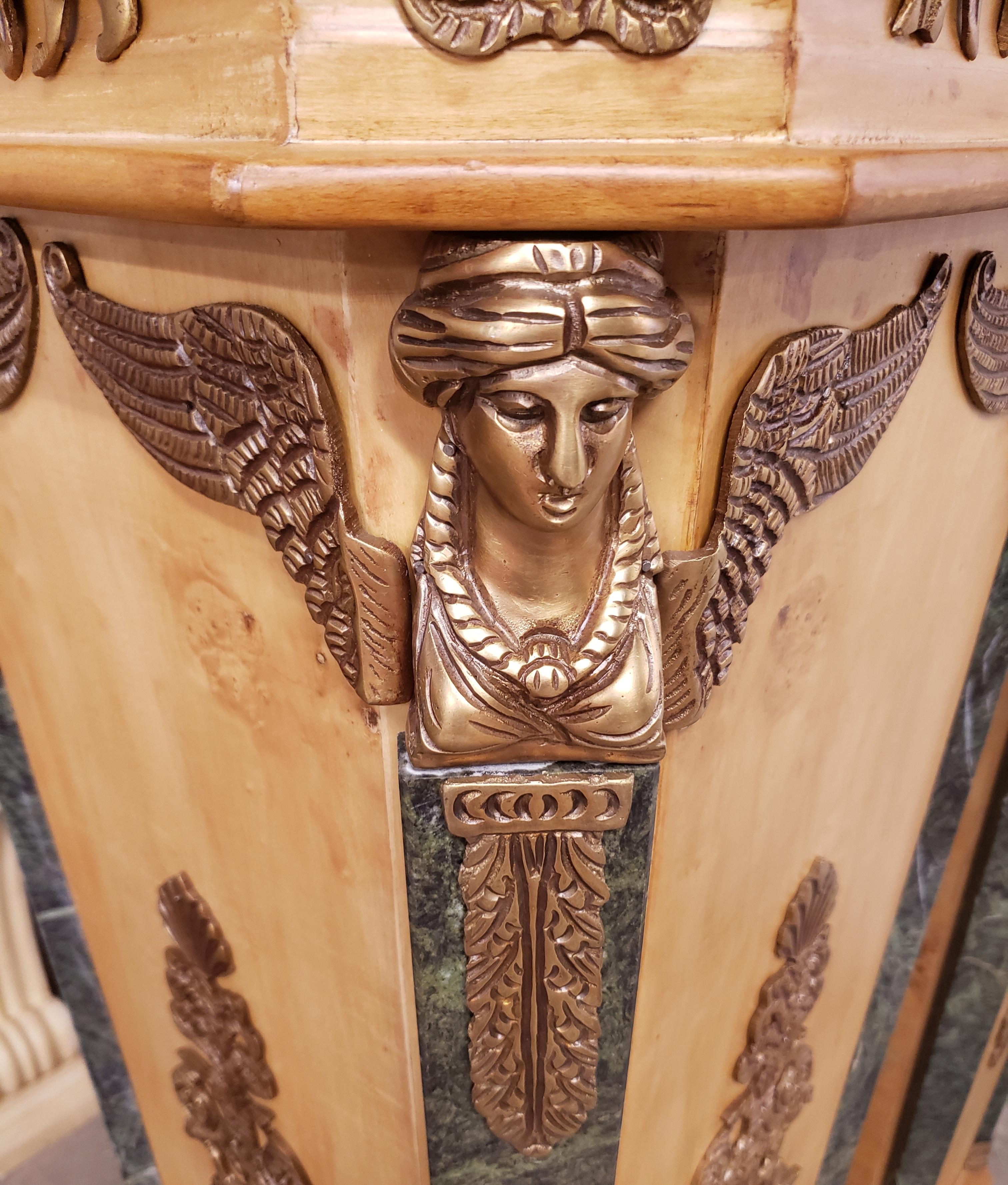 French Empire Gilt Bronze Ormolu Mottled Marble & Satinwood Pedestals, a Pair For Sale 1