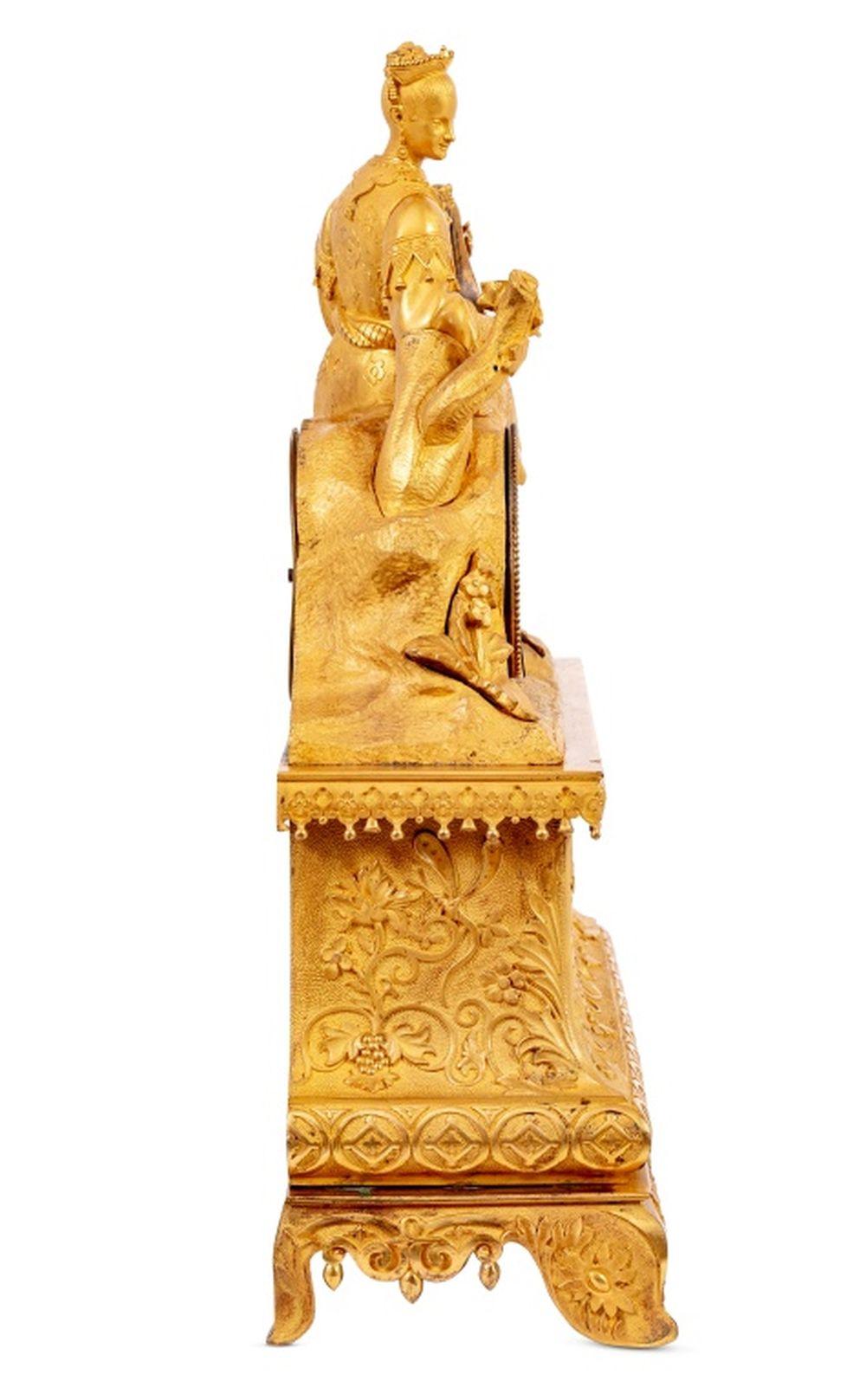 French Empire Gilt Metal Figural Clock In Good Condition For Sale In Astoria, NY