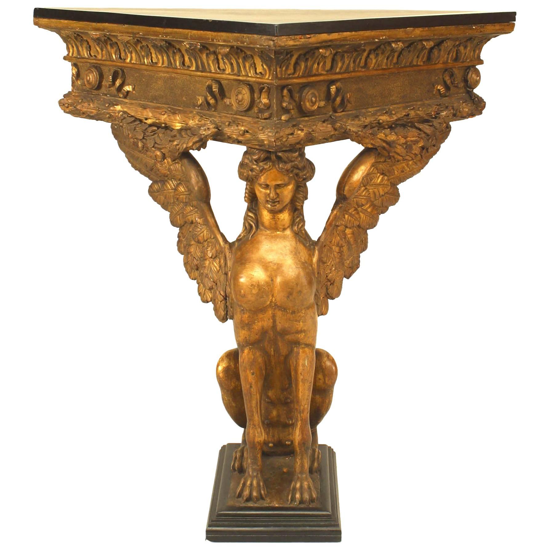 French Empire Gilt Sphinx Carved Console Table For Sale