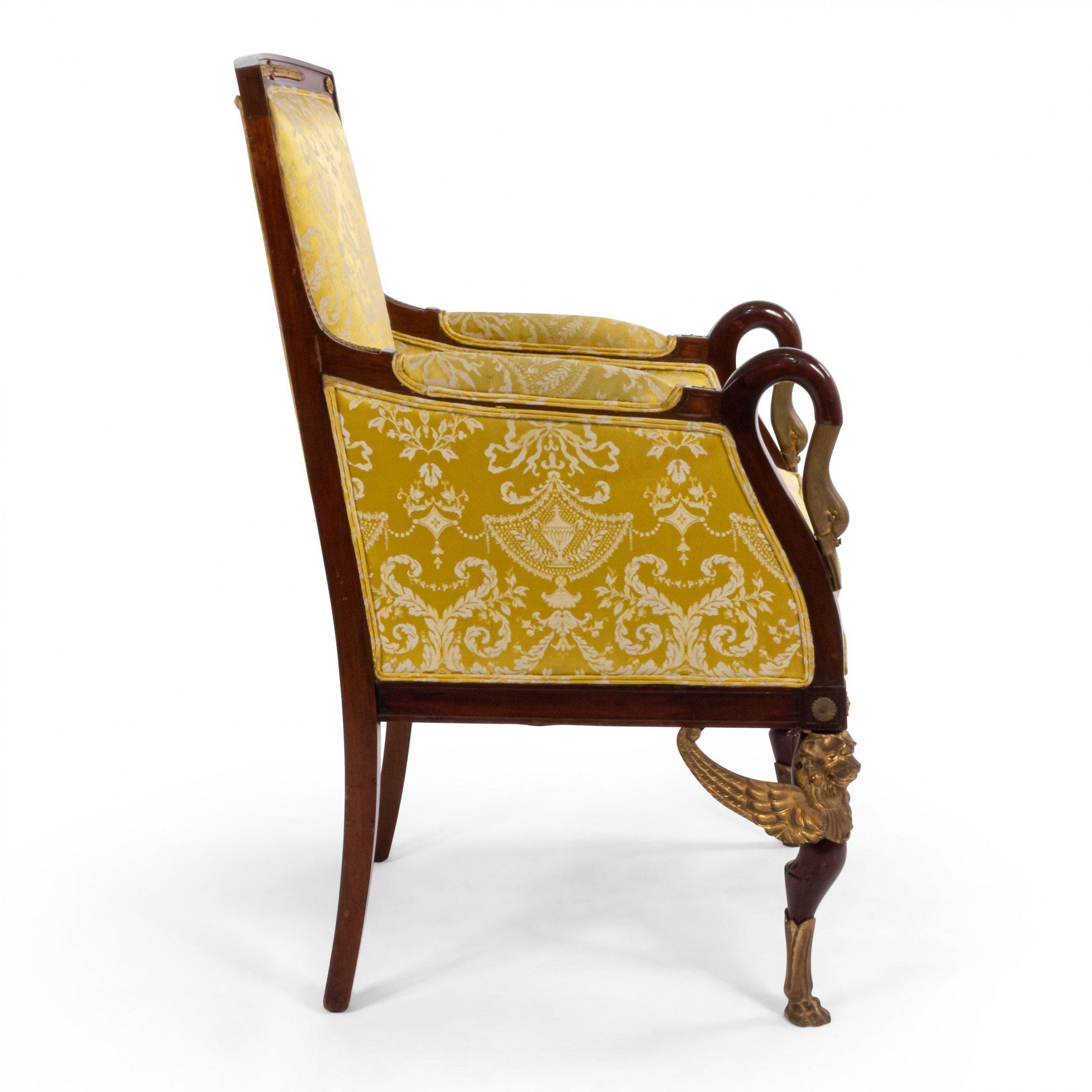 Bronze French Empire Gold Bergère Armchairs For Sale