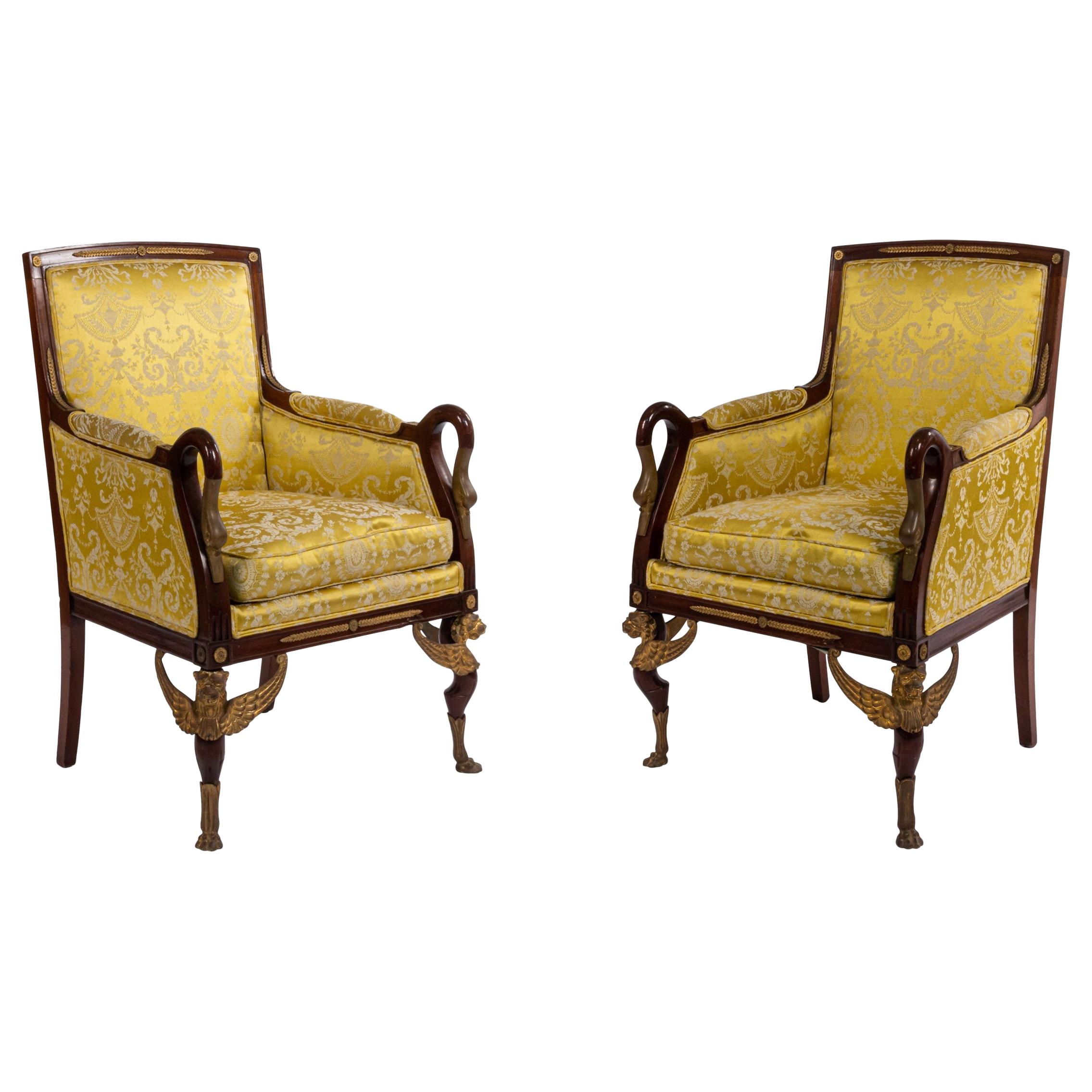 French Empire Gold Bergère Armchairs For Sale