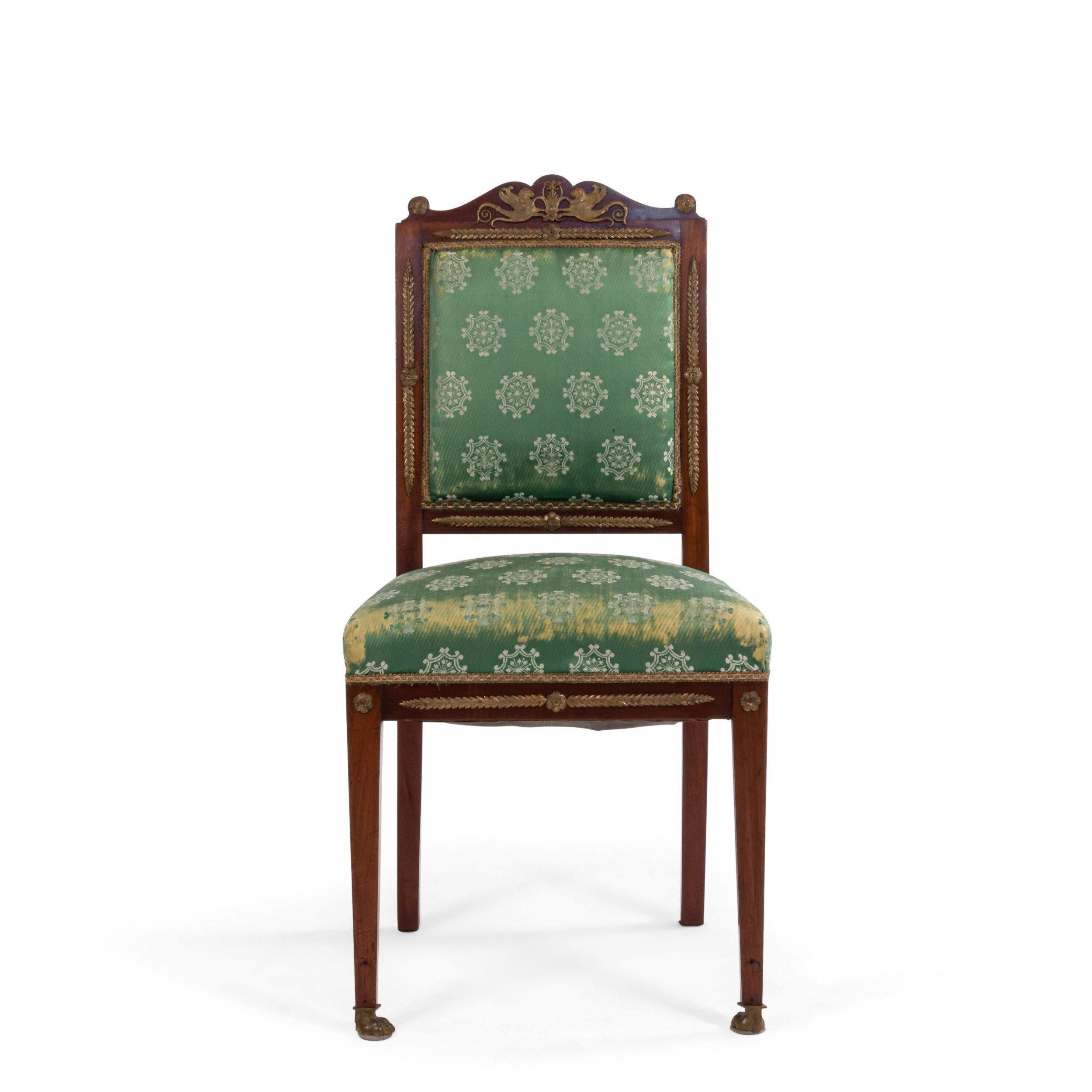 French Empire Green Damask Side Chairs In Good Condition For Sale In New York, NY