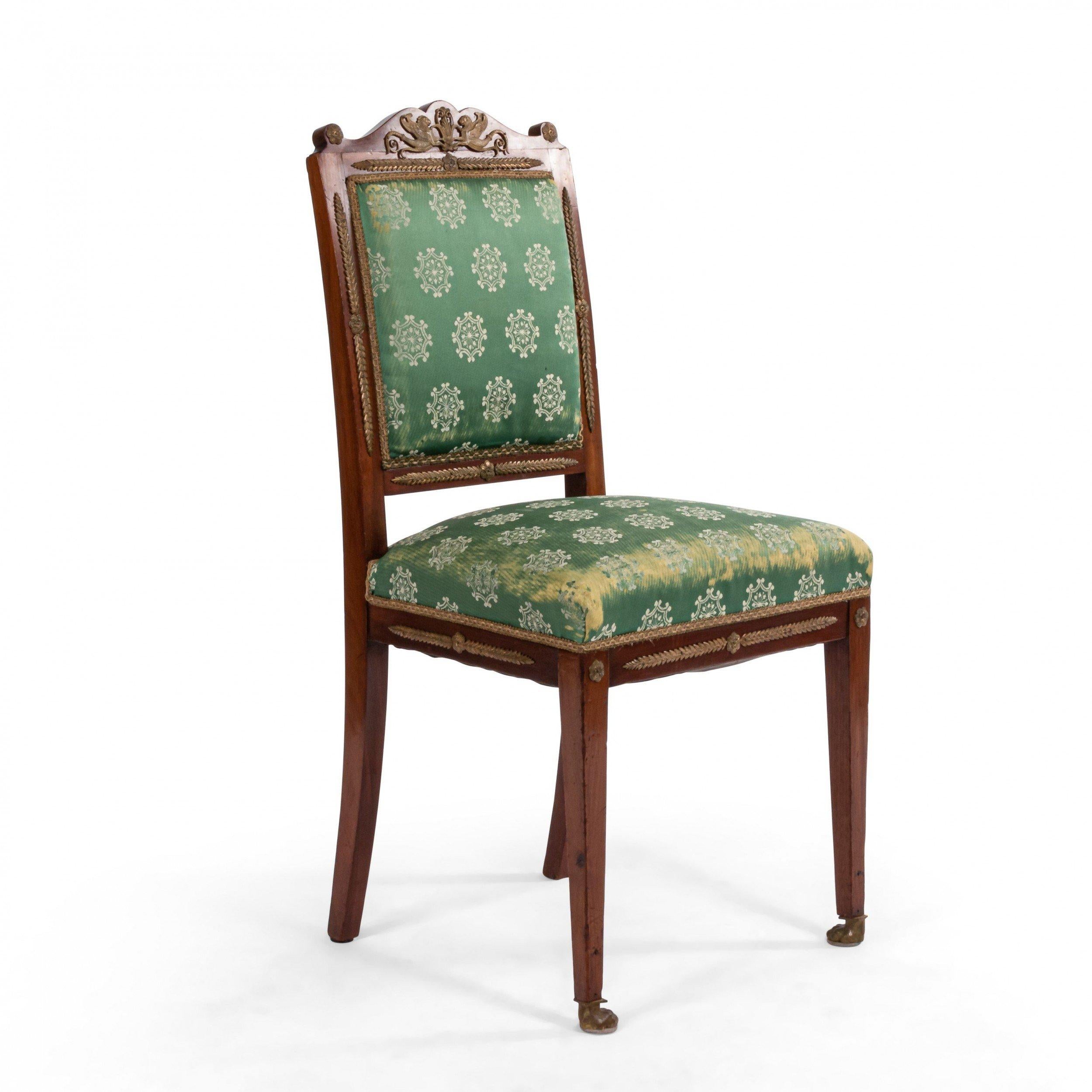 19th Century French Empire Green Damask Side Chairs For Sale