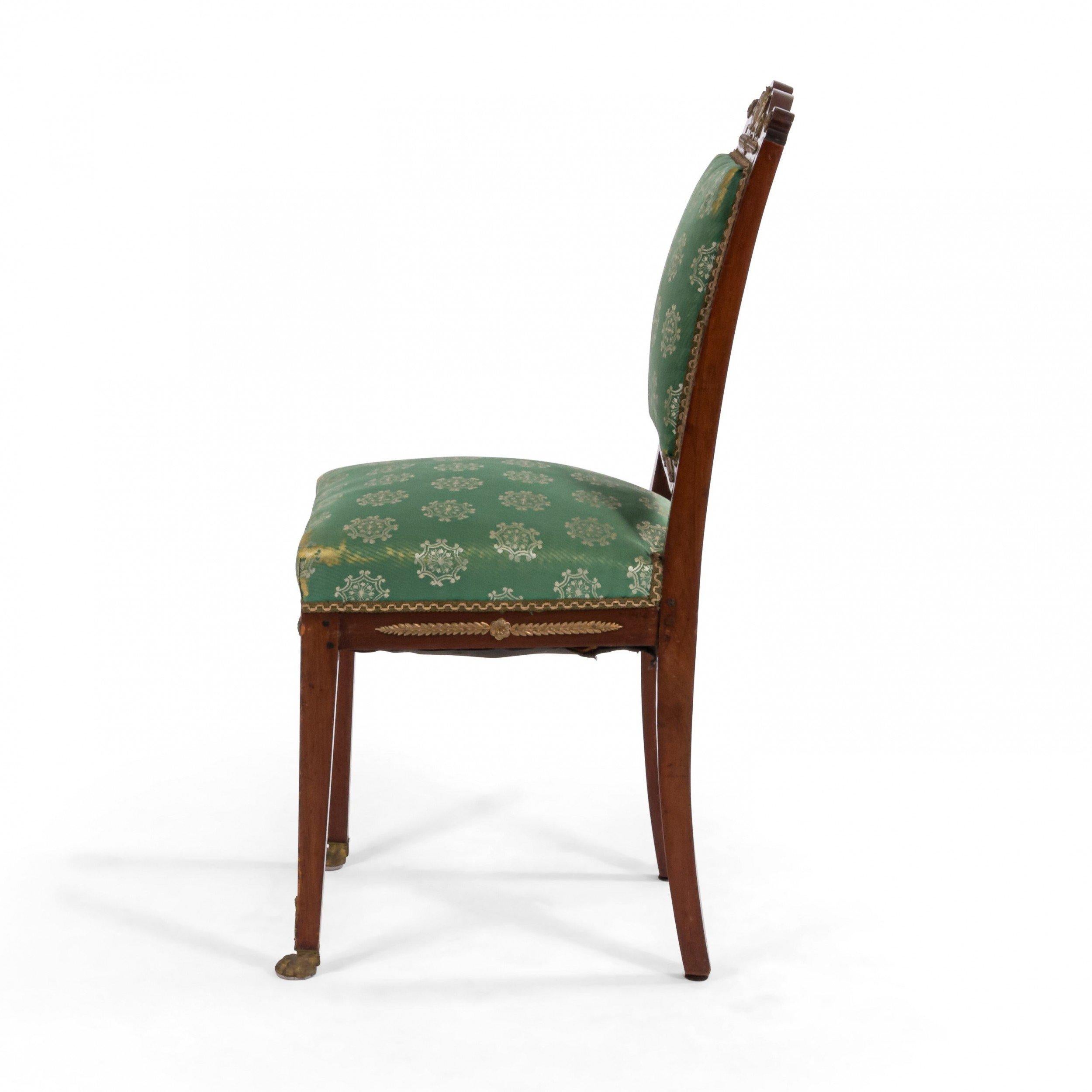 French Empire Green Damask Side Chairs For Sale 2