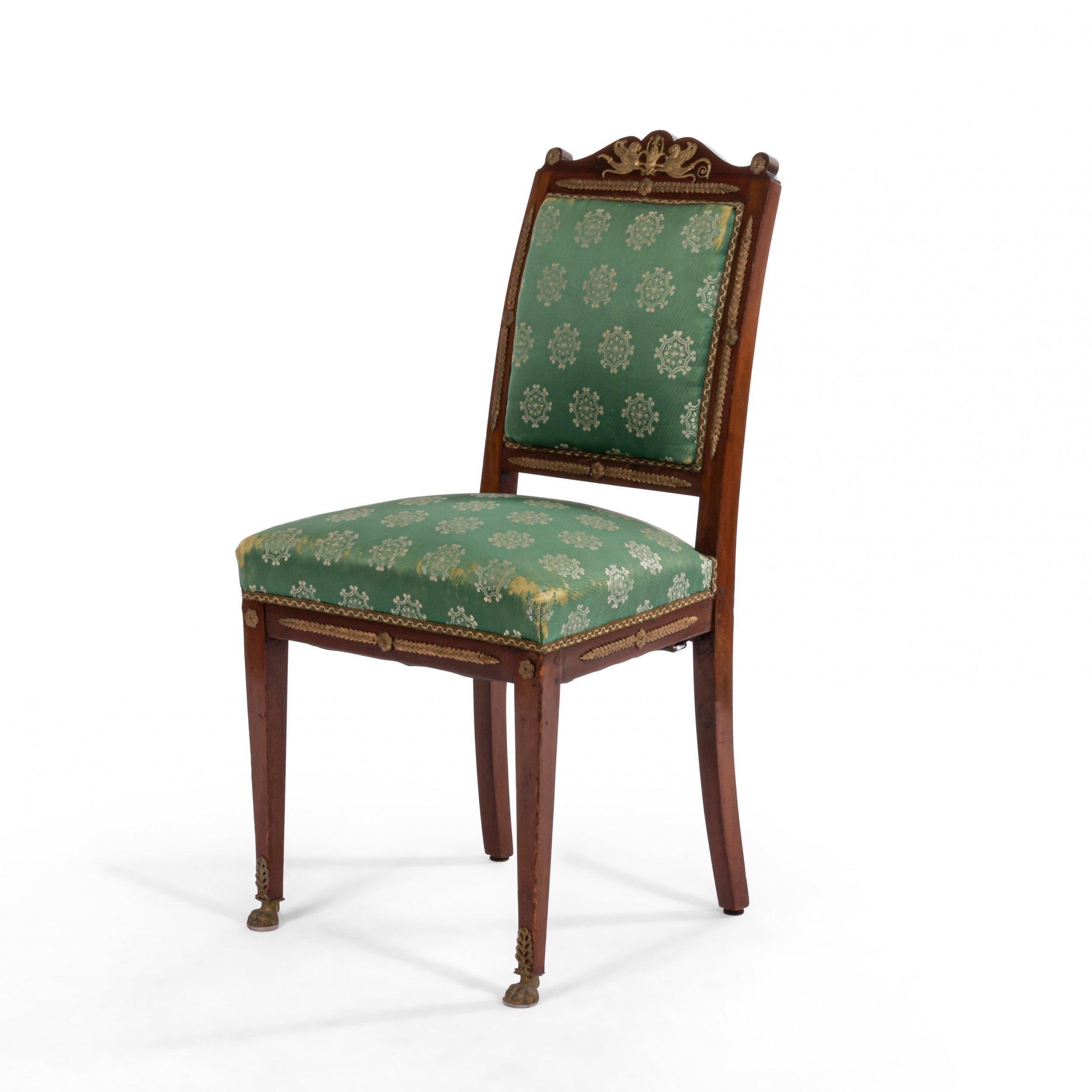 French Empire Green Damask Side Chairs For Sale 3