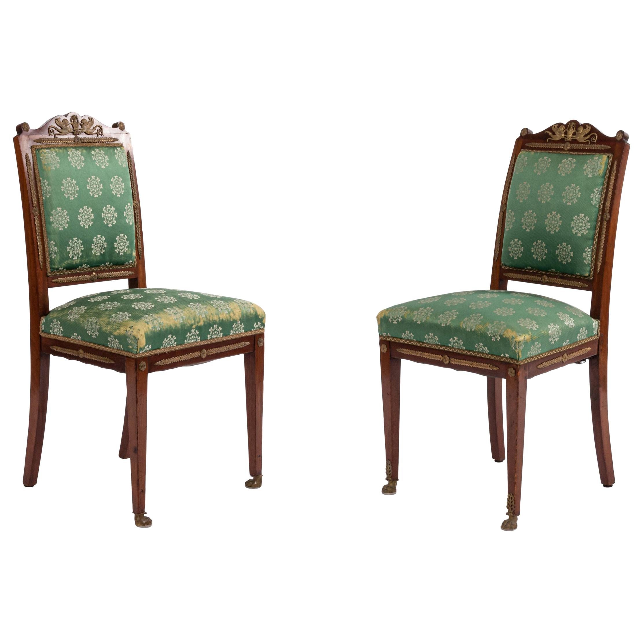 French Empire Green Damask Side Chairs