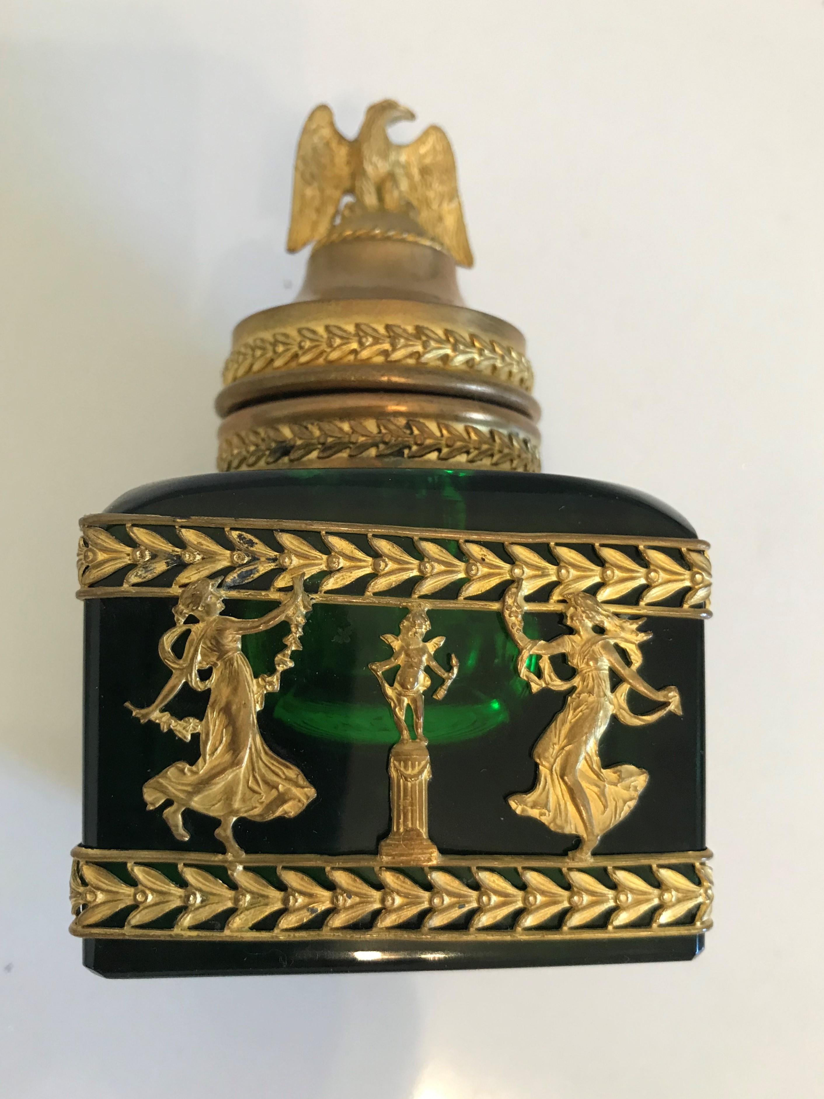 Grand Tour French Empire Green Glass Ormolu Mounted Inkwell 6