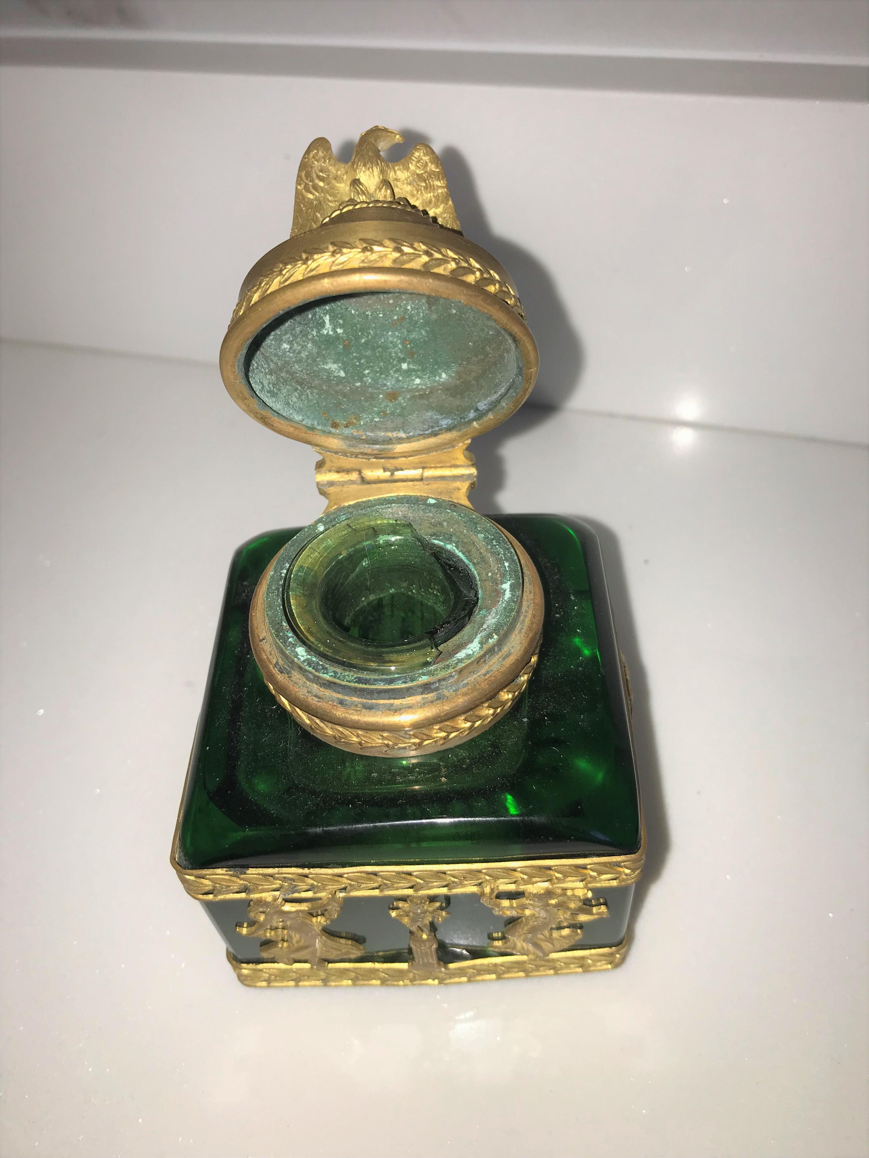 Empire Revival Grand Tour French Empire Green Glass Ormolu Mounted Inkwell