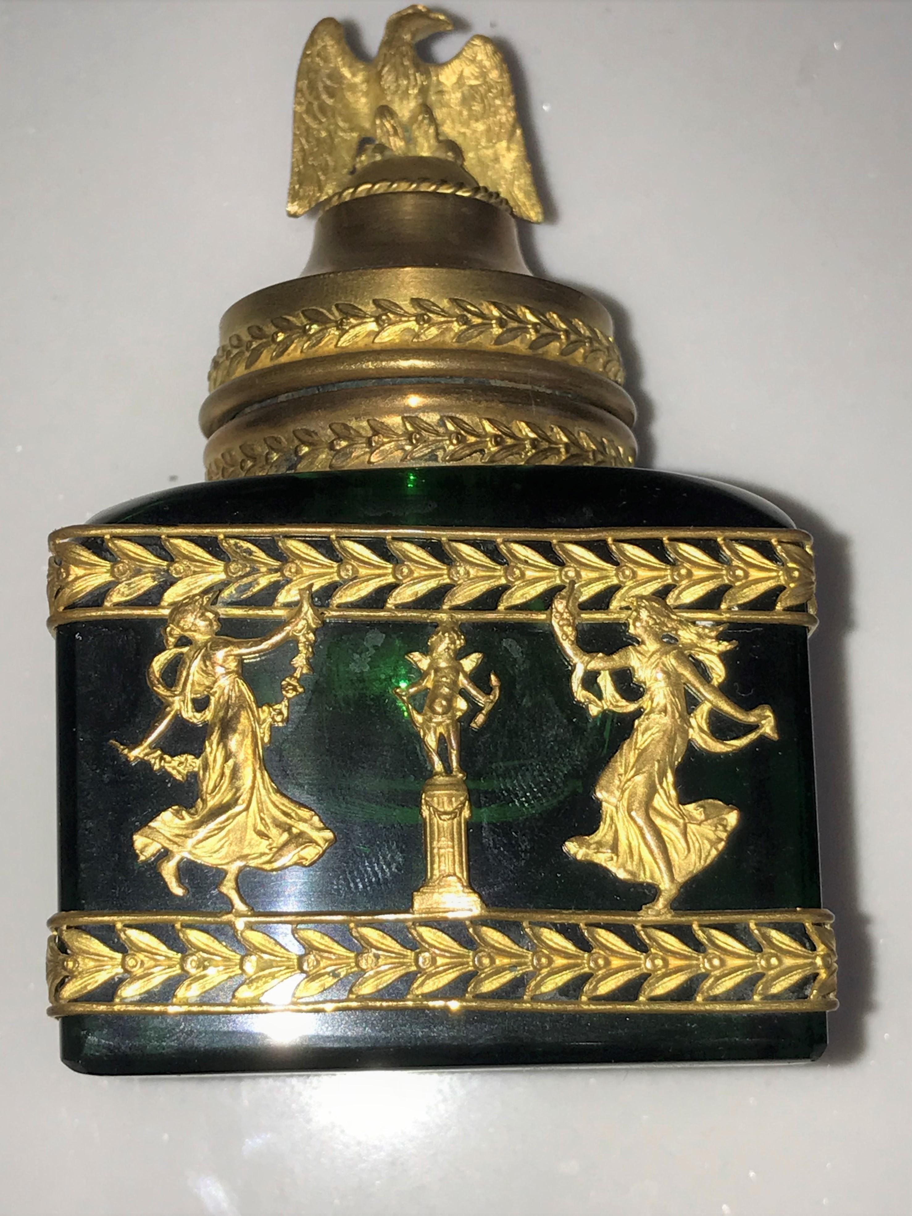 Grand Tour French Empire Green Glass Ormolu Mounted Inkwell In Fair Condition In Nashville, TN