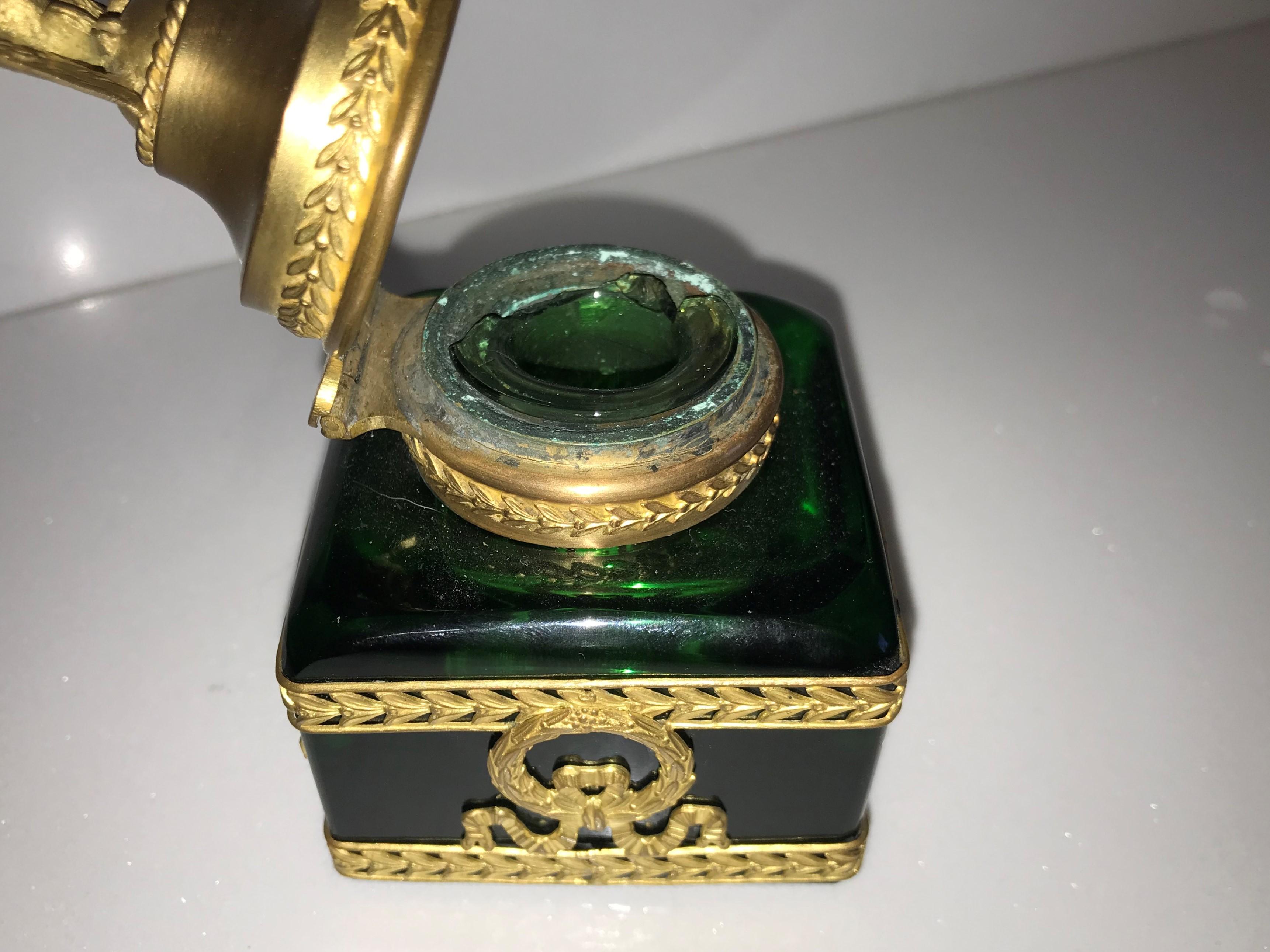 19th Century Grand Tour French Empire Green Glass Ormolu Mounted Inkwell