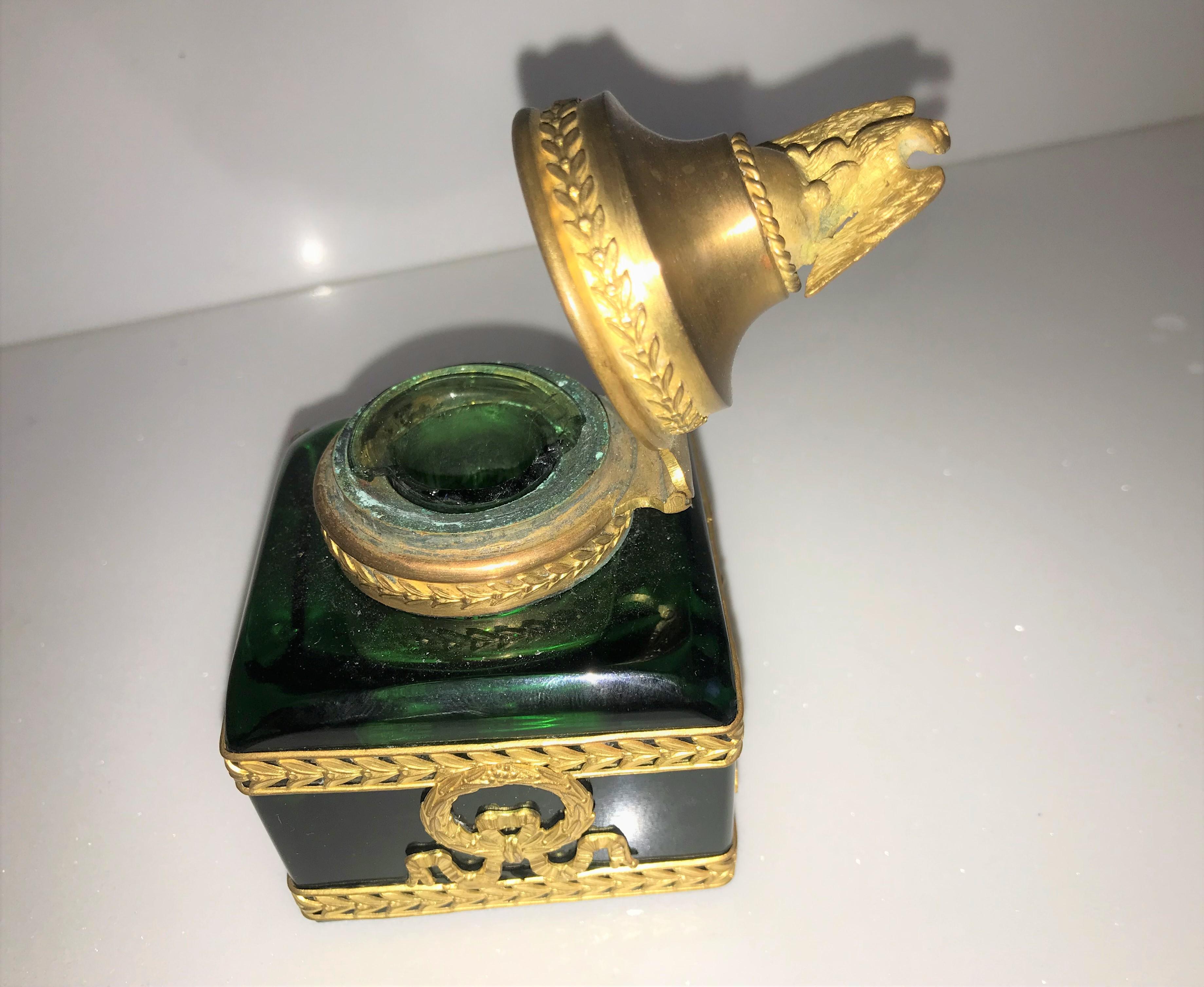 Grand Tour French Empire Green Glass Ormolu Mounted Inkwell 1
