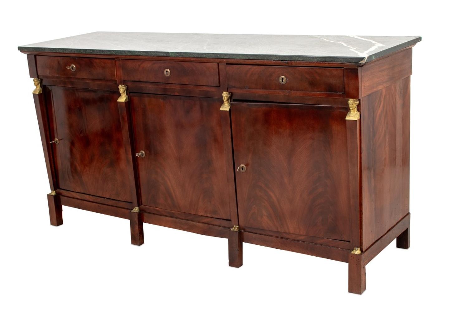 French Empire Green Marble Top Mahogany Buffet, with three drawers above three cabinets each with single interior shelf, brass faux caryatid column design, on eight block feet. 39