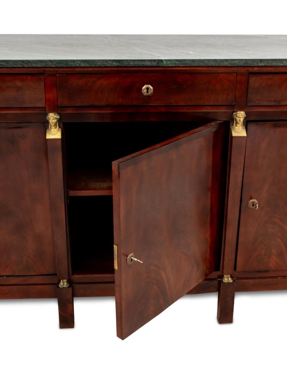 19th Century French Empire Green Marble Top Mahogany Buffet