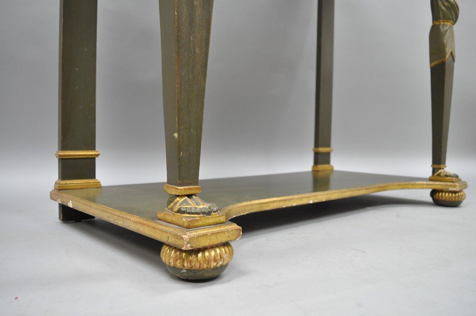 French Empire Green Painted Marble-Top Figural Console Hall Table 4