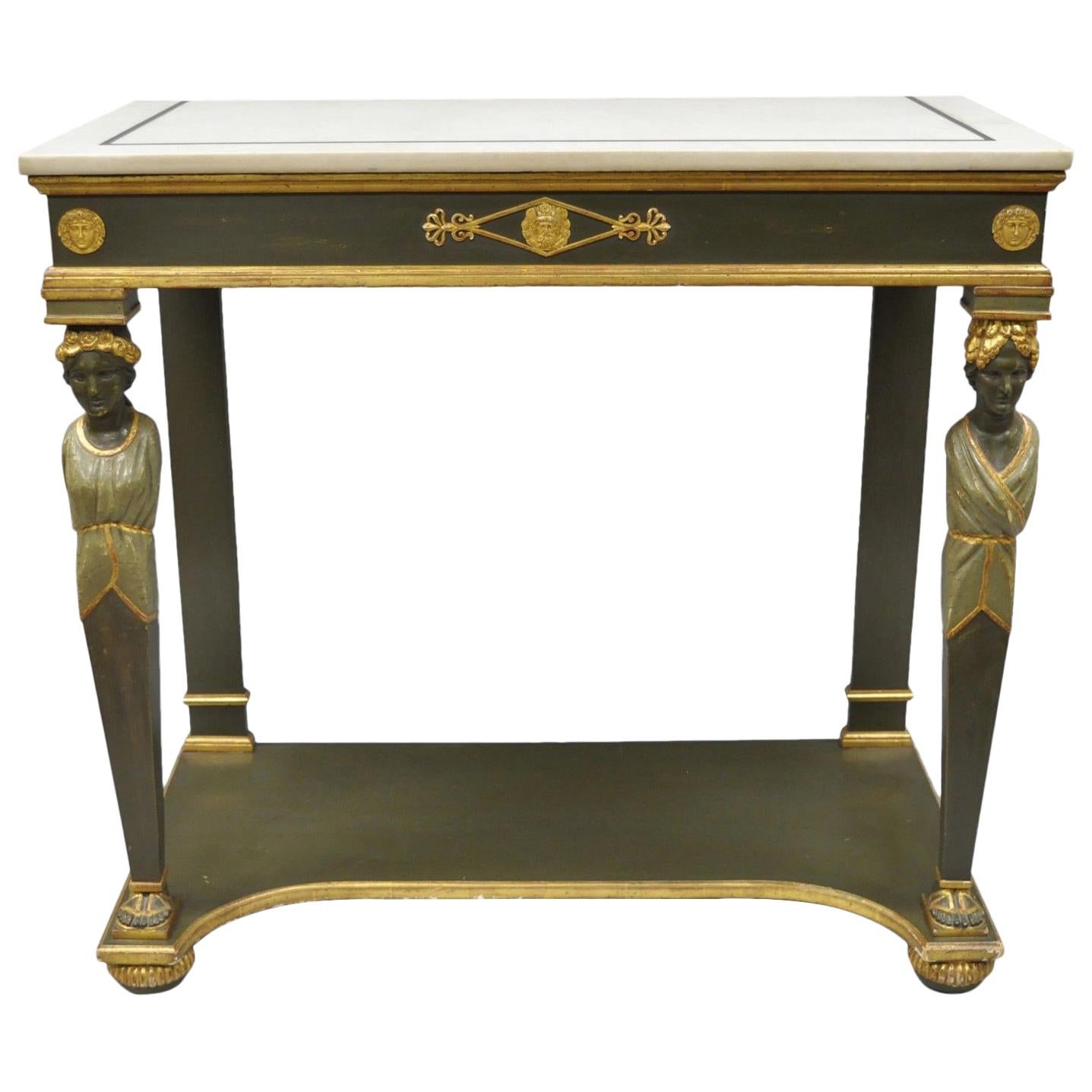 French Empire Green Painted Marble-Top Figural Console Hall Table