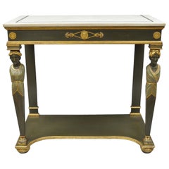 French Empire Green Painted Marble-Top Figural Console Hall Table