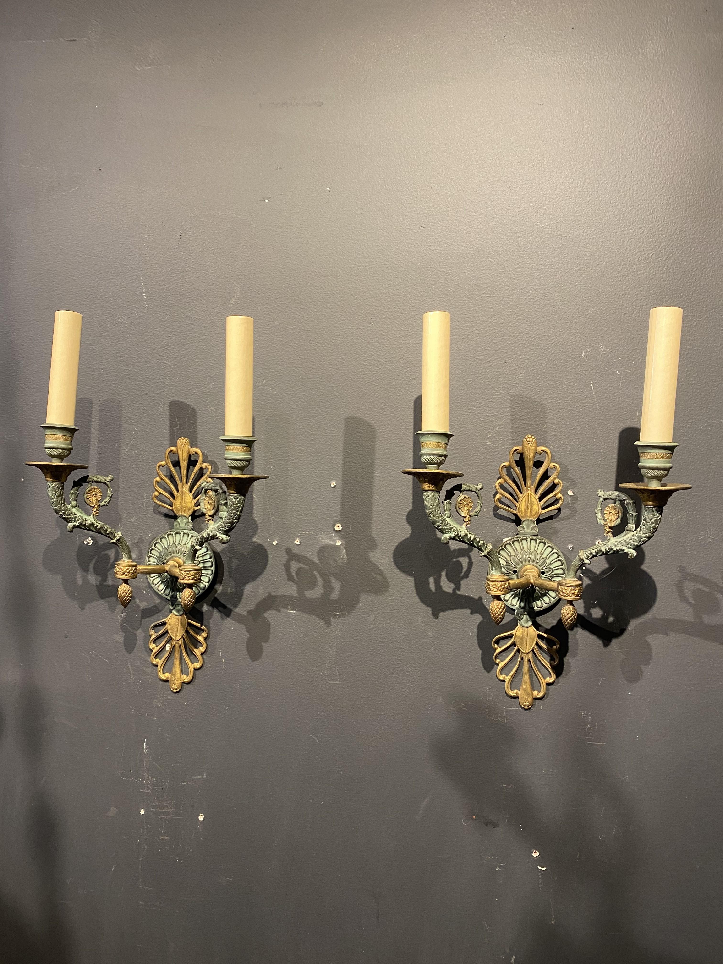 Bronze 19th Century French Empire Green Patinated Sconces For Sale