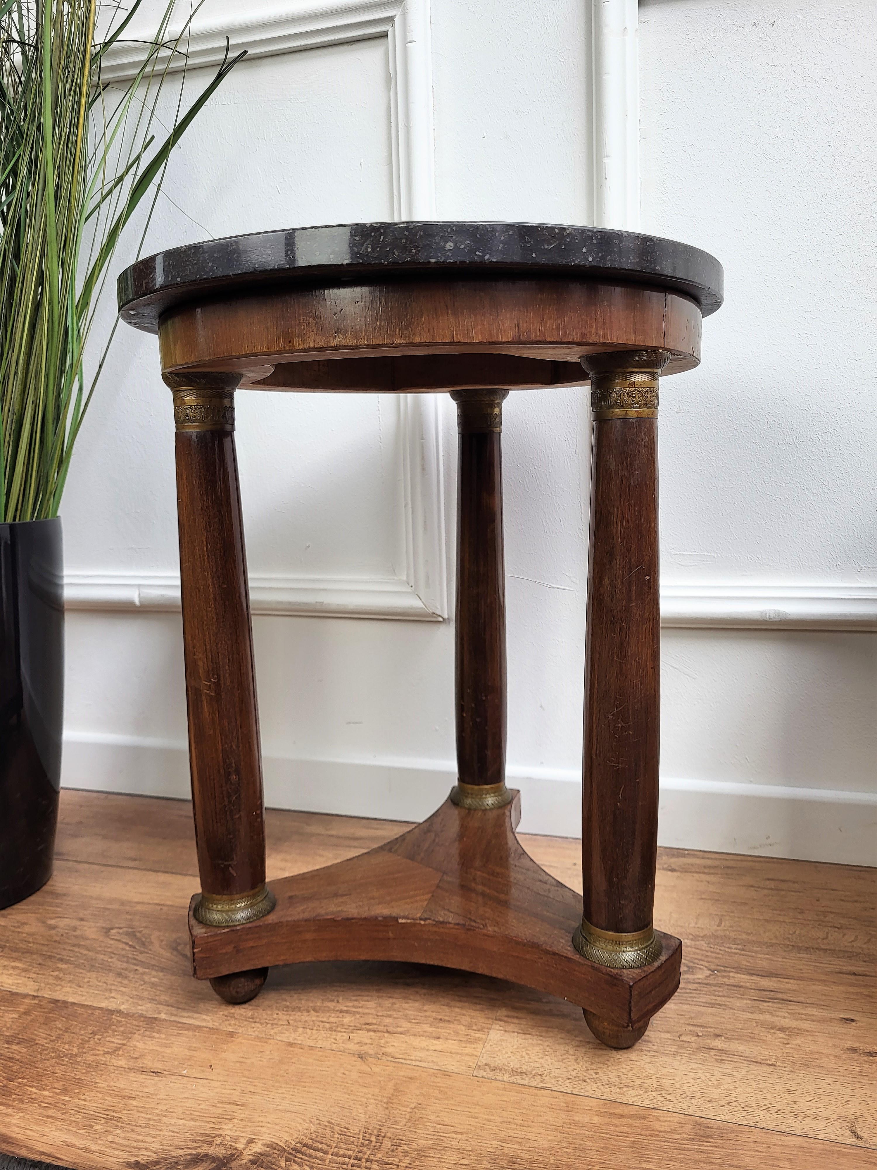 20th Century French Empire Gueridon Side Table with Tripod Columns Brass and Marble Top For Sale