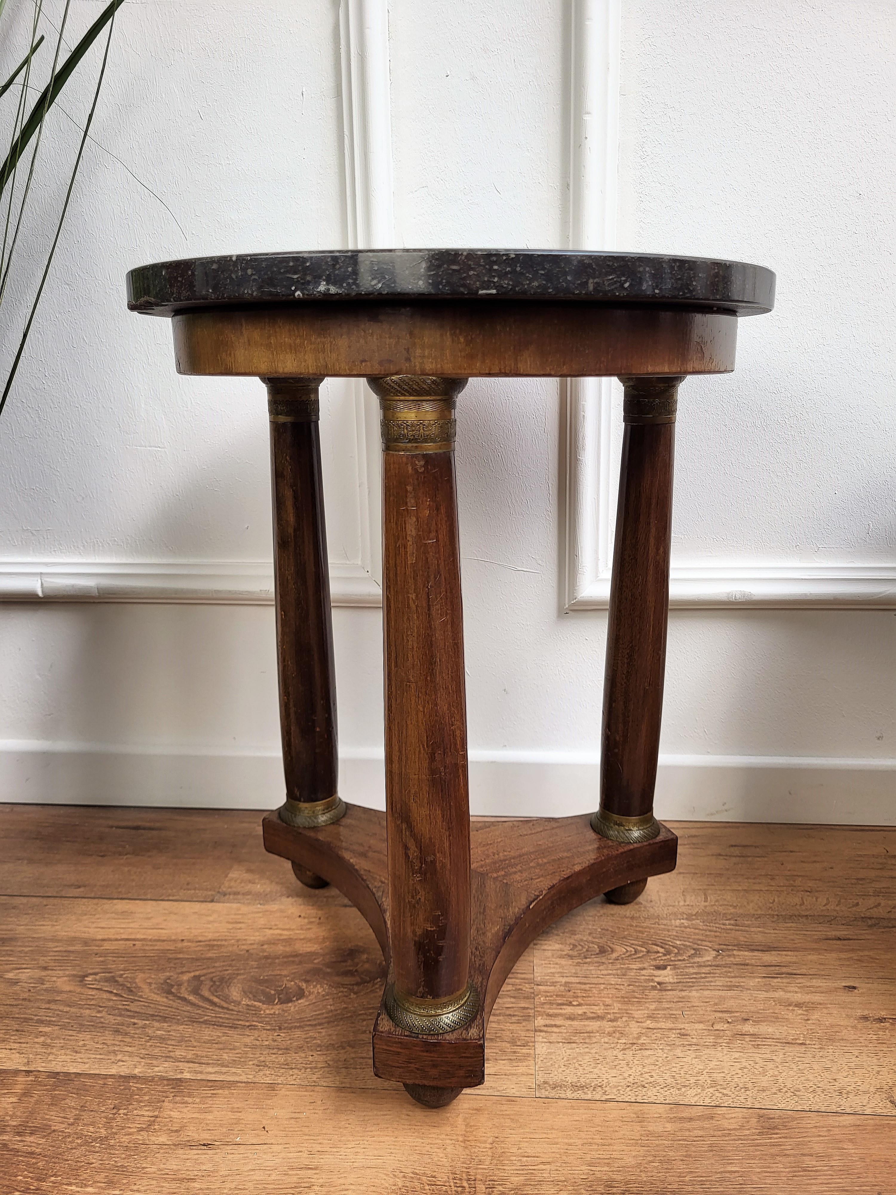 Wood French Empire Gueridon Side Table with Tripod Columns Brass and Marble Top For Sale