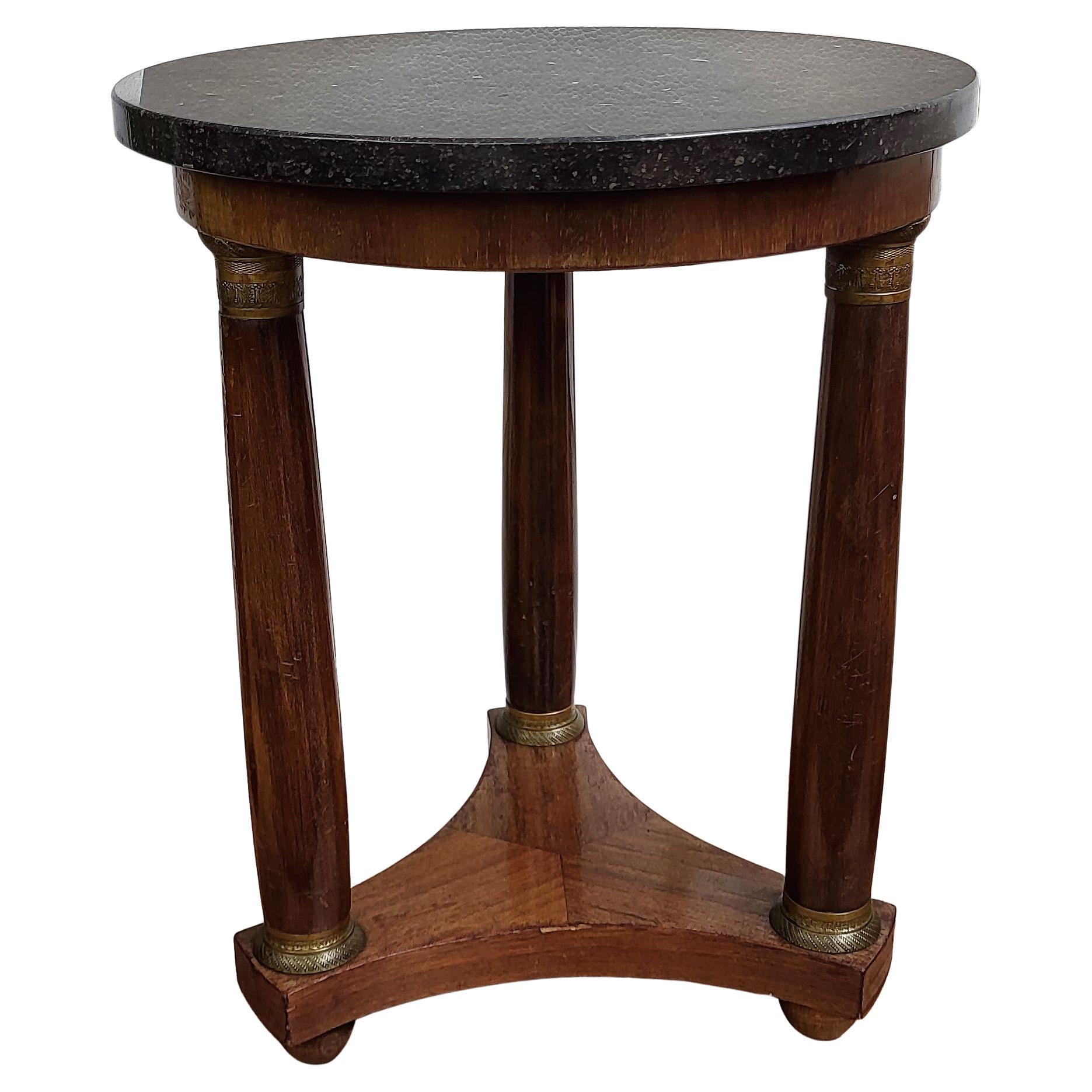 French Empire Gueridon Side Table with Tripod Columns Brass and Marble Top For Sale