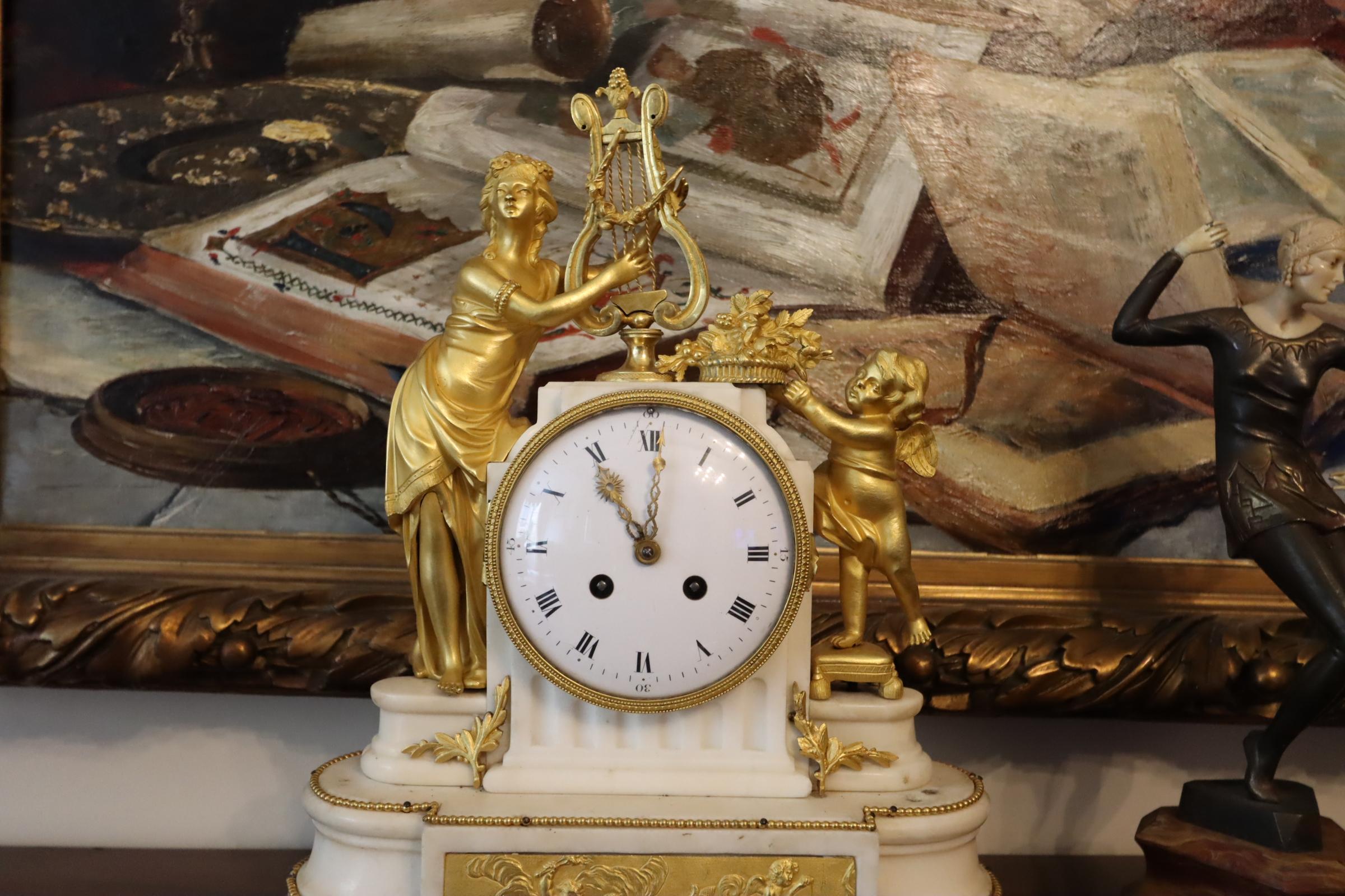 19th Century French Empire Guilt Bronze Mounted Table Clock on Marble Circa 1820 For Sale