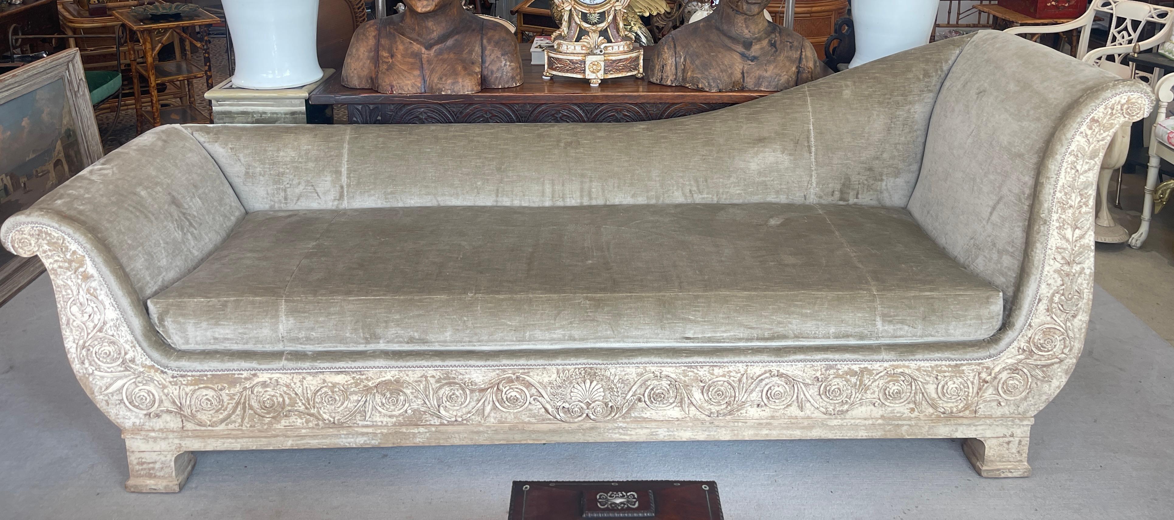  French Empire Recamier Mahogany 
Painted Daybed, late 18Th C.
This Recamier can float in a room as the back is also upholstered or be against the wall.
This fabulous large daybed is made of hand carved Mahogany wood,  the original off-white