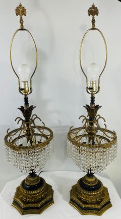 French Empire Hollywood Regency Bronze and Crystal Table Lamp, a Pair