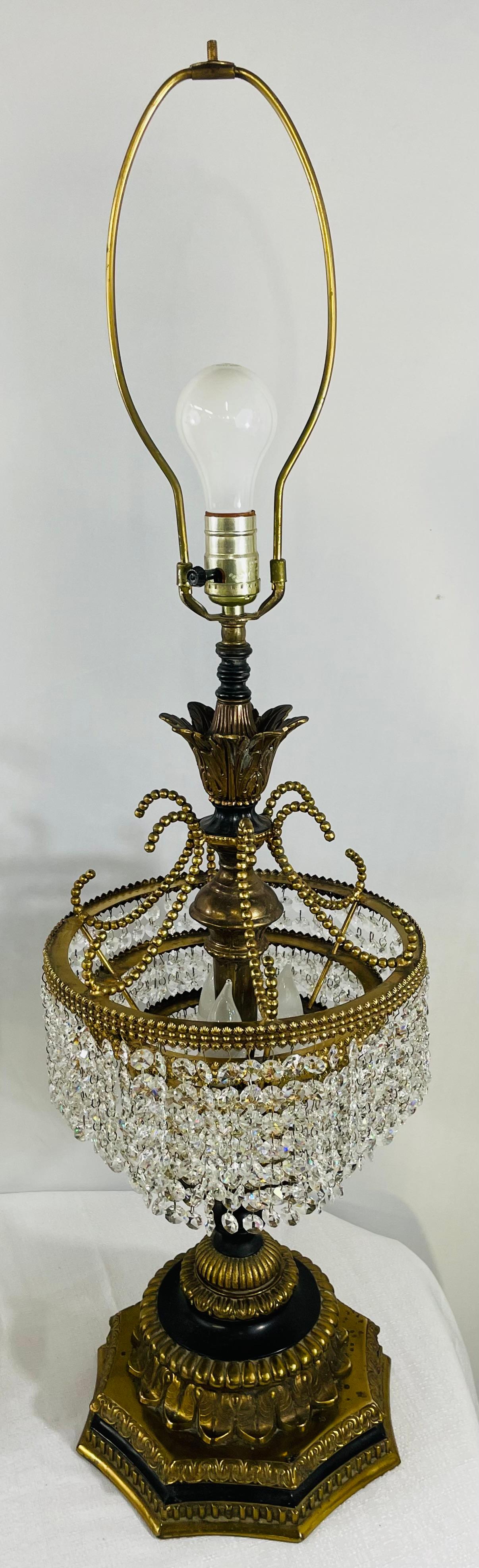 French Empire Hollywood Regency Bronze and Crystal Table Lamp, a Pair In Good Condition For Sale In Plainview, NY