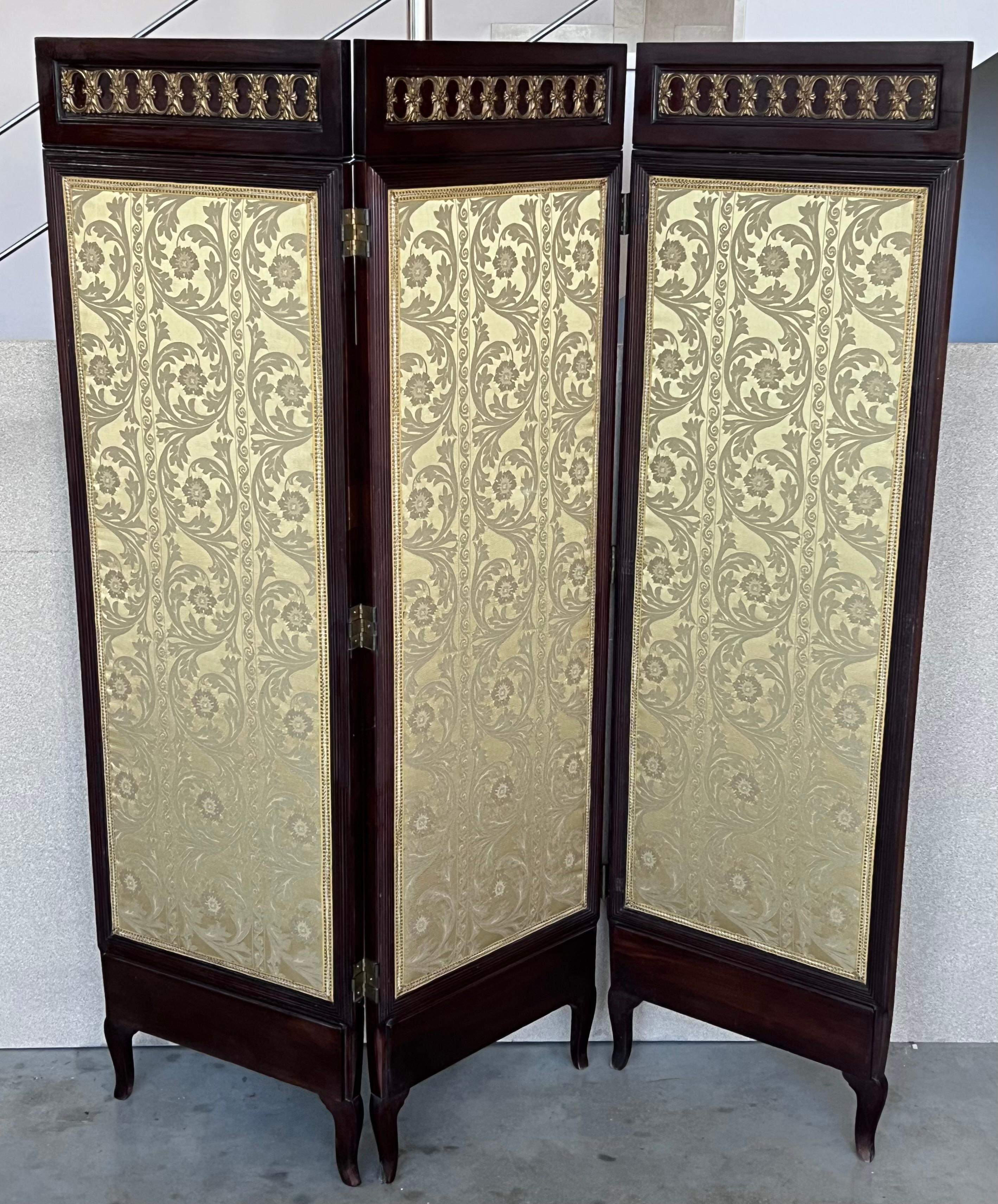 French Empire style (19th century) mahogany 3 fold screen with bronze trim.