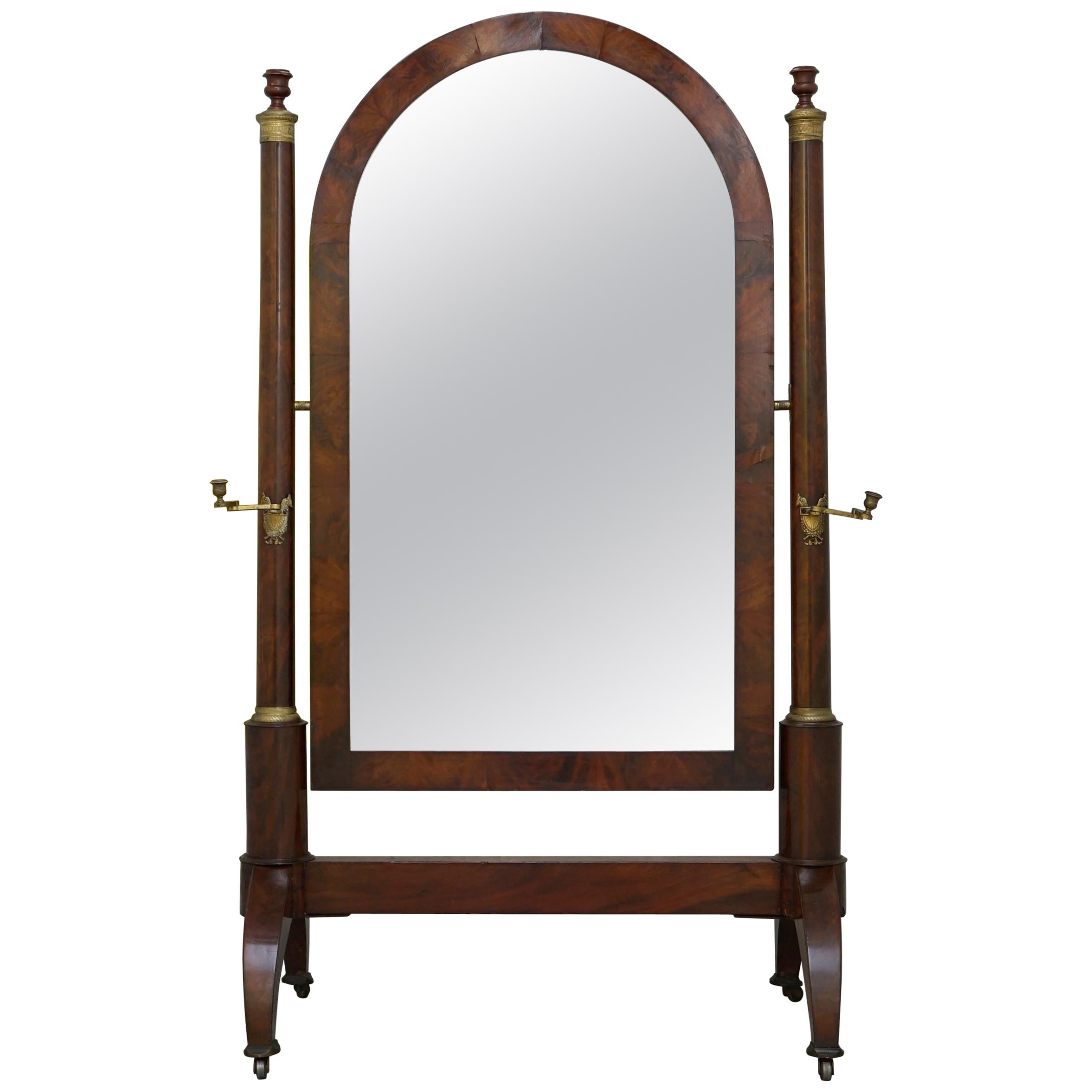 French Empire Hardwood and Gilt Metal with Candles Cheval Mirror, circa 1810 For Sale
