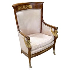 French Empire Mahogany Bergere Chair Frame with Ormolu Wing Lion Heads, C. 1810