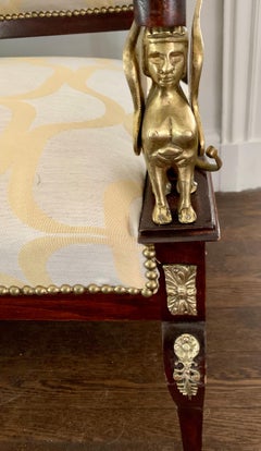 French Empire Mahogany & Bronze Ormolu Mounted Figural Settee Bench Napoleon III
