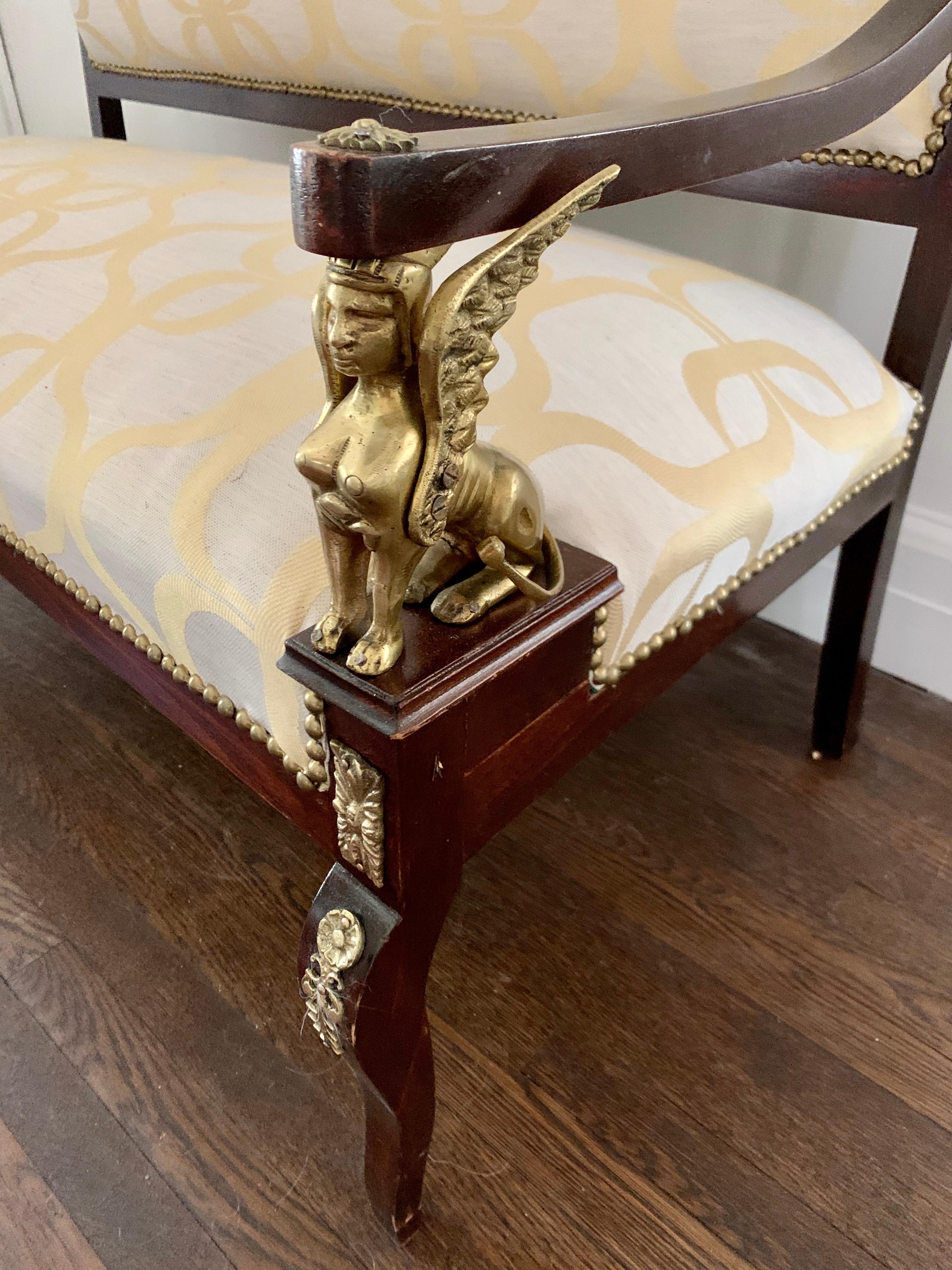 French Empire Mahogany & Bronze Ormolu Mounted Figural Settee Bench Napoleon III In Good Condition In West Hartford, CT