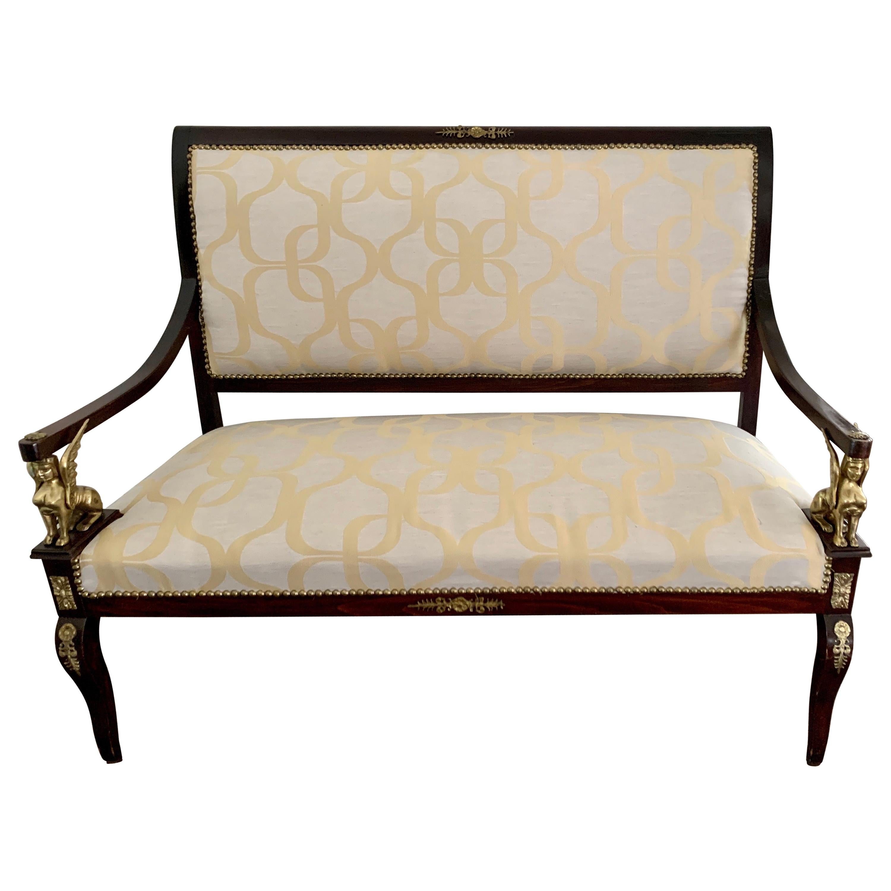 French Empire Mahogany & Bronze Ormolu Mounted Figural Settee Bench Napoleon III