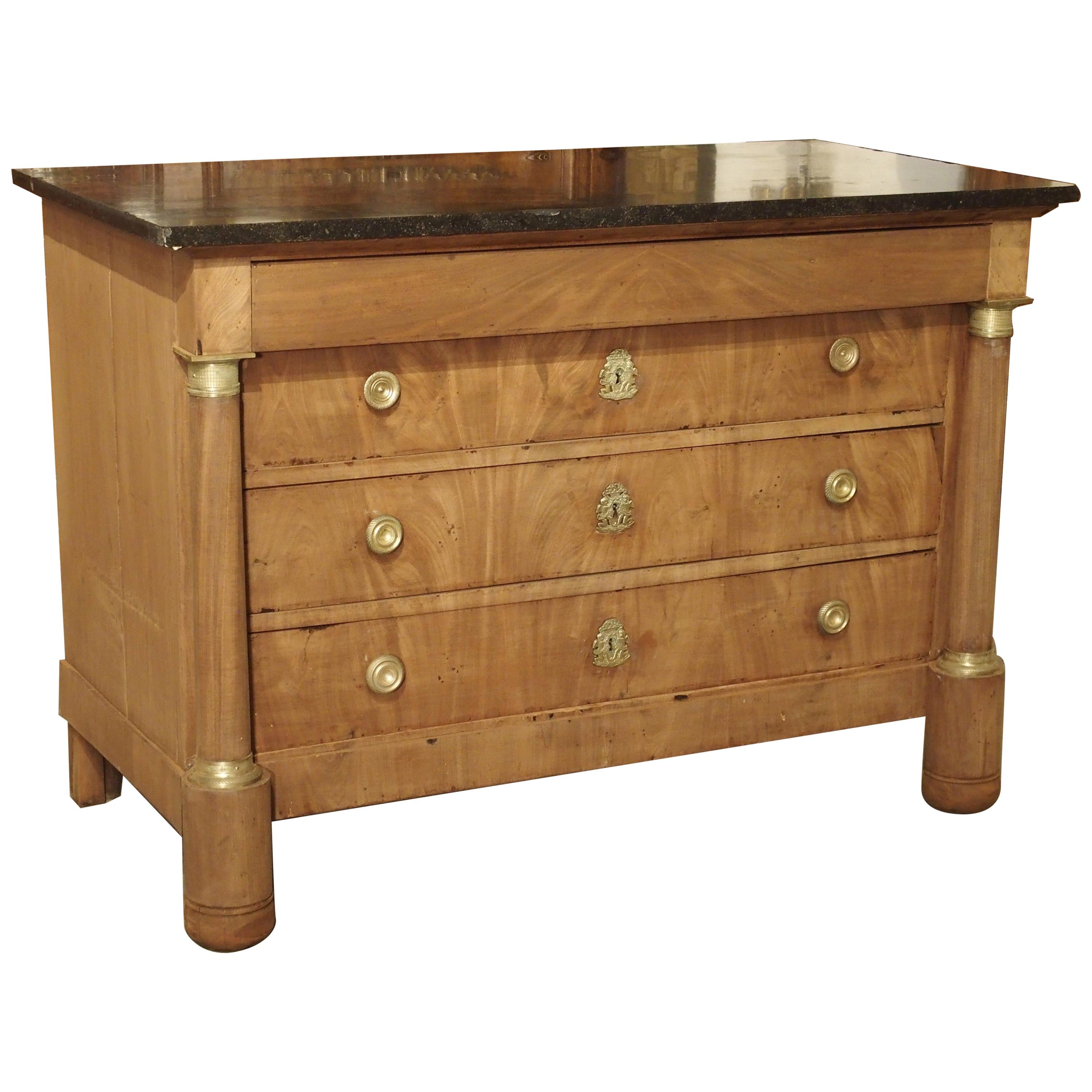 French Empire Mahogany Commode with Bluestone Top and Gilt Bronze Hardware For Sale