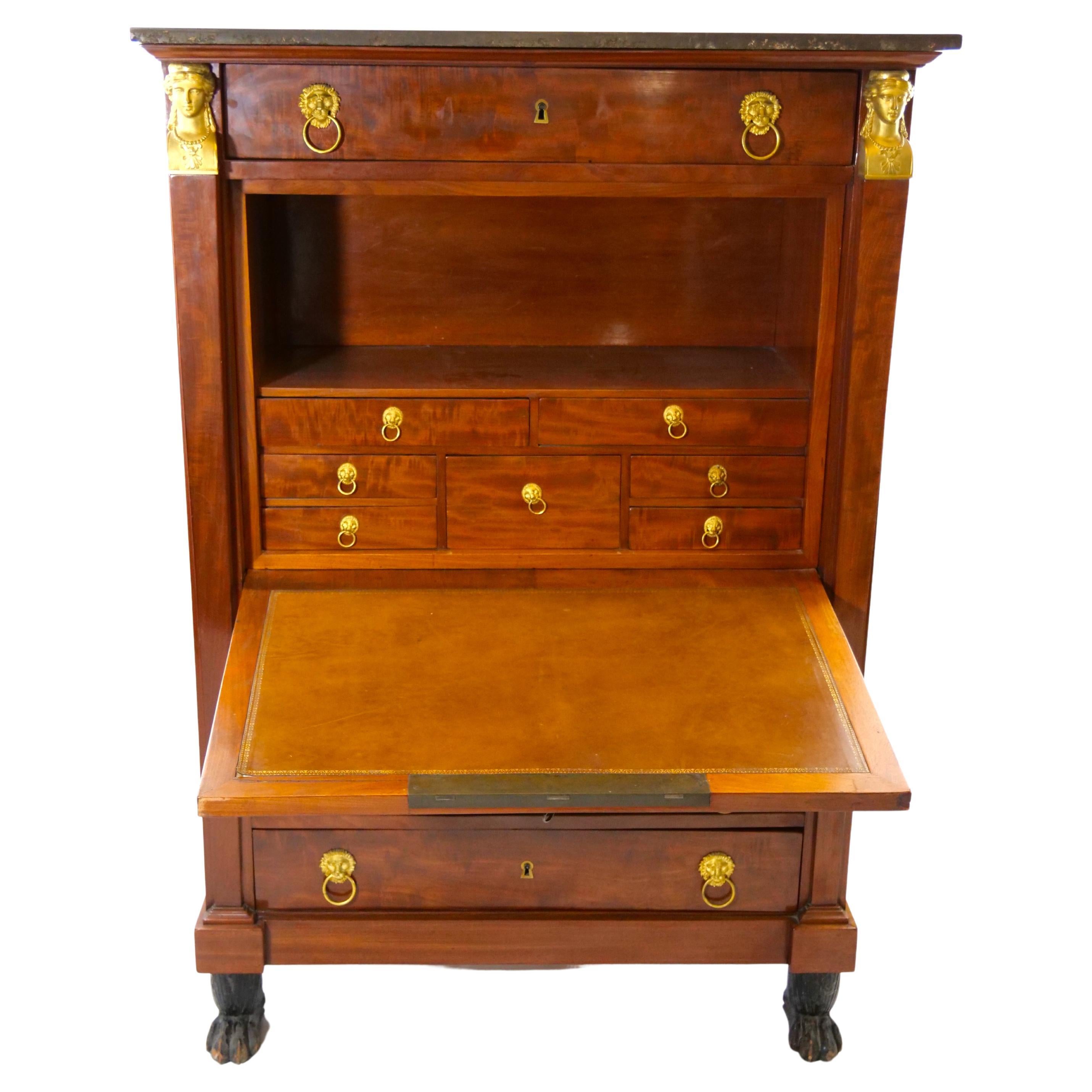 Brass French Empire Mahogany Drop Front Secretary 