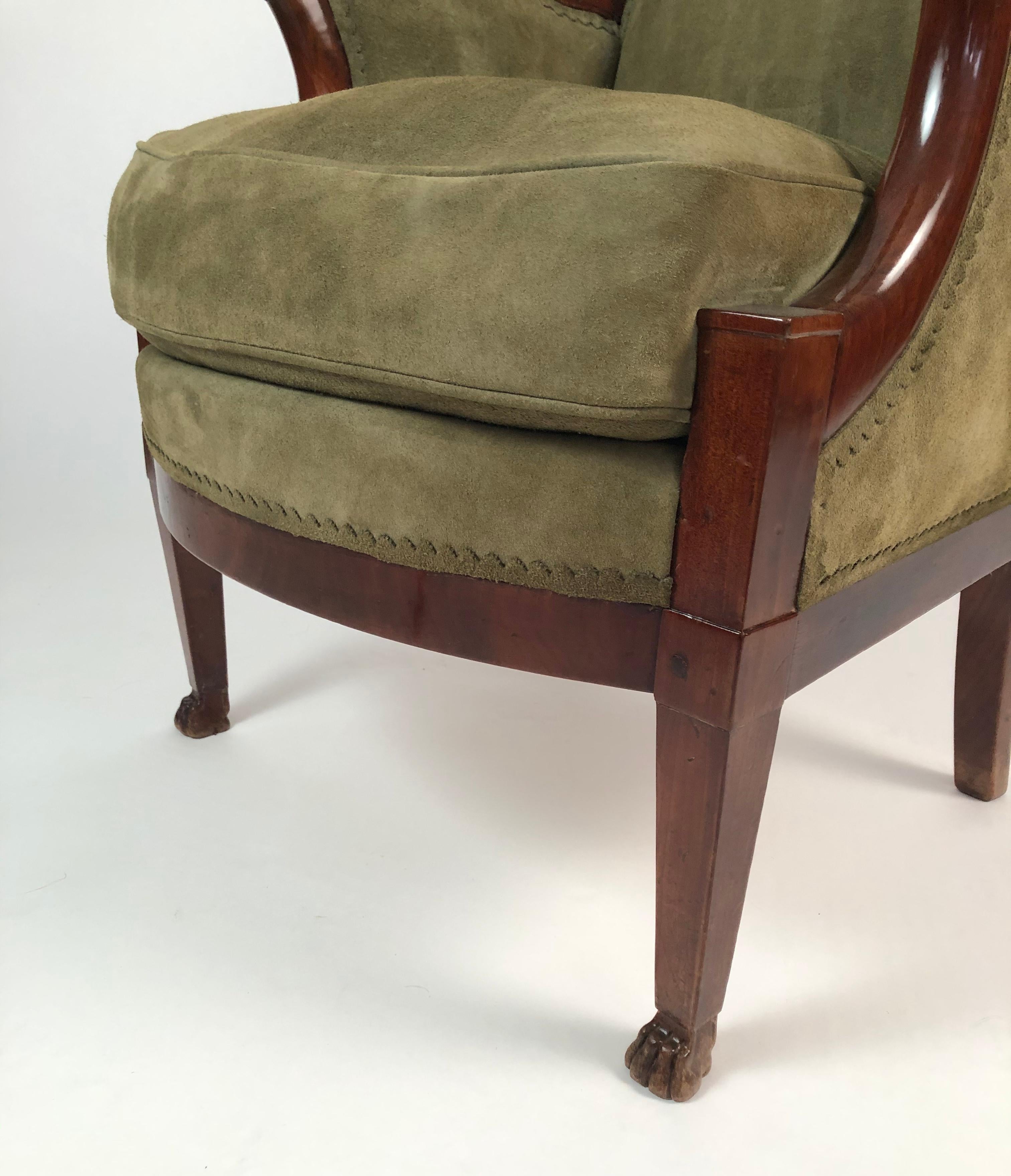 French Empire Mahogany Fauteuil with Carved Lion's Head Armrests circa 1805-1810 3